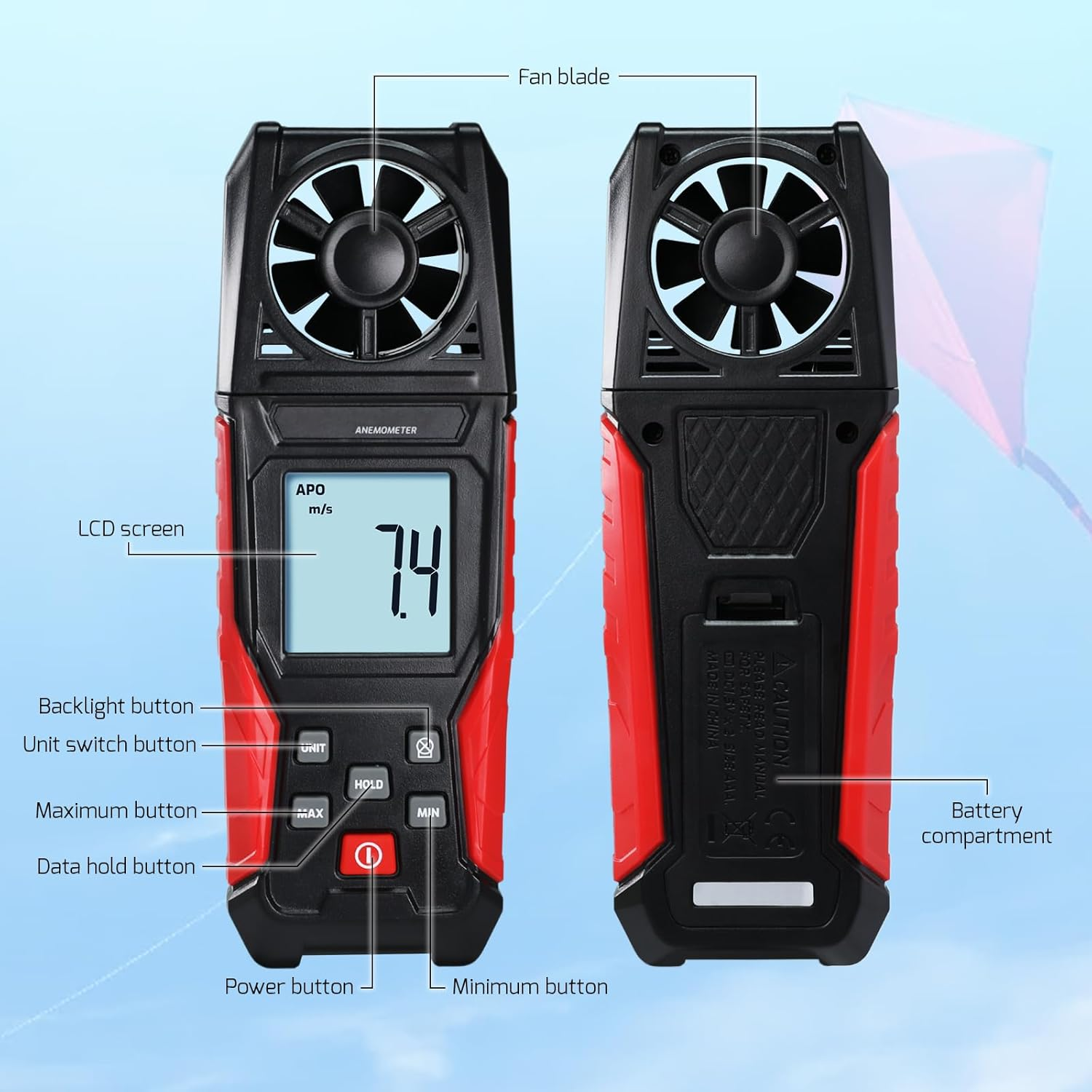 Digital Anemometer Wind Speed Meter (0.3-30 M/S) Air Velocity & Temperature Measurement M/S | Km/H | Ft/M | Mile/H | Knots with Backlight Display, Data Hold, Max/Min Functions image number 1