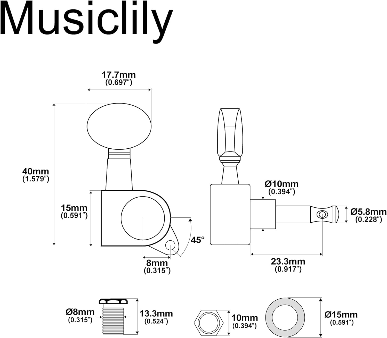 Musiclily 6-In-Line Sealed Guitar Tuners Tuning Pegs Keys Machine Heads Set for Strat Tele Style Electric Guitar, Kidney Button Chrome image number 5