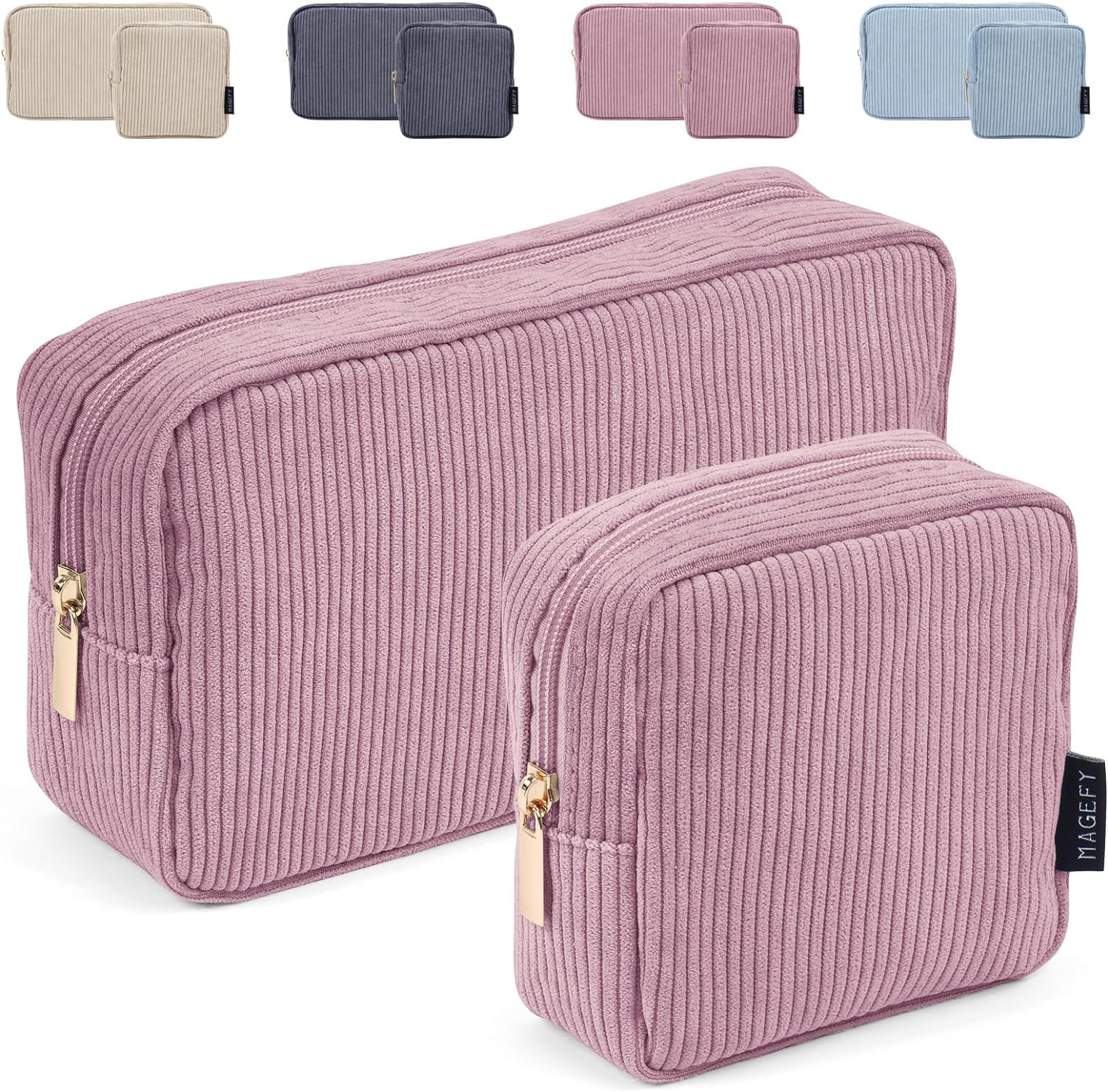 MAGEFY Makeup Bags 2 Pcs Corduroy Cosmetic Bag Makeup Bags for Women Travel Pouch with Slip-In Pockets-Pink image number 3