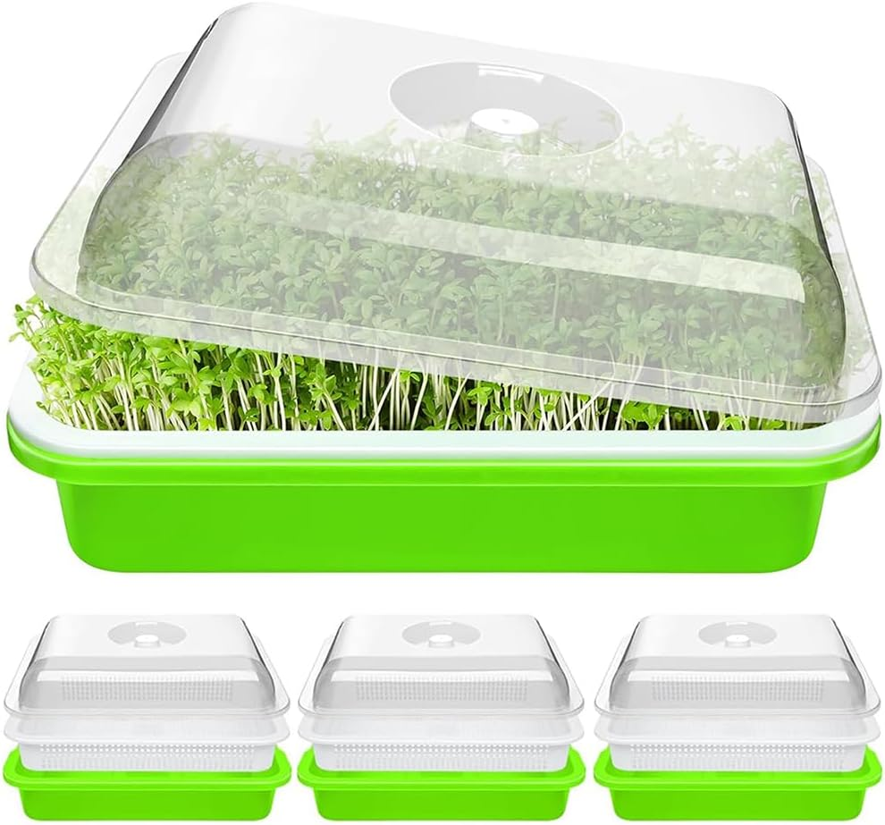 HYAVIA Seed Sprouter Tray Kit &ndash; 3-Pack Bpa-Free Soil-Free Sprouting Containers and Drain Tray for Growing Wheatgrass, Beans, Alfalfa, Microgreens &ndash; White & Green