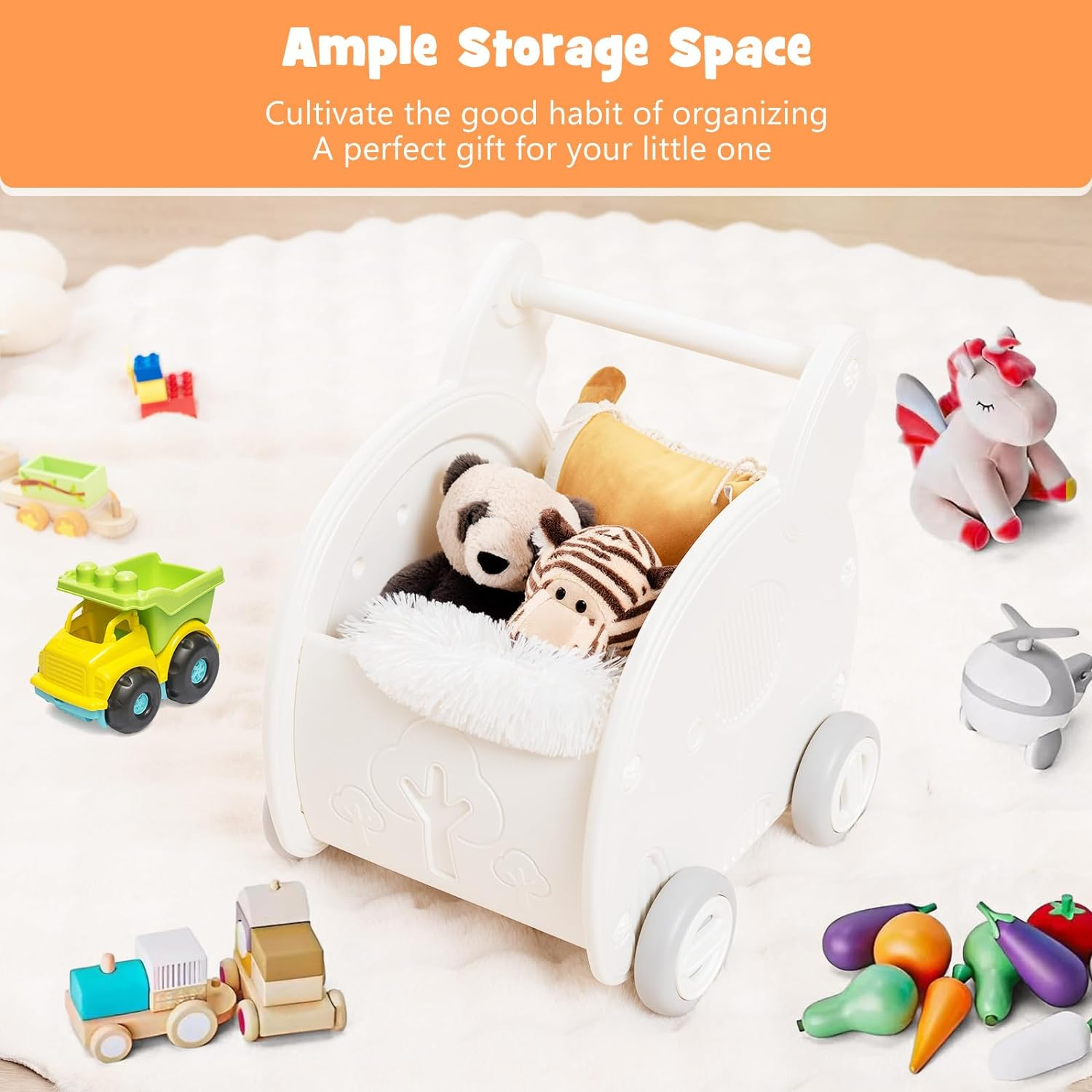 HONEY JOY Baby Walker Push Toy, 4-Wheel Toddler Toy Cart Elephant Shape, Cute HDPE Kids Push Toy W/Wheels & Handle, Baby Push Walker for Boys Girls of 3+ Years Old, White image number 2