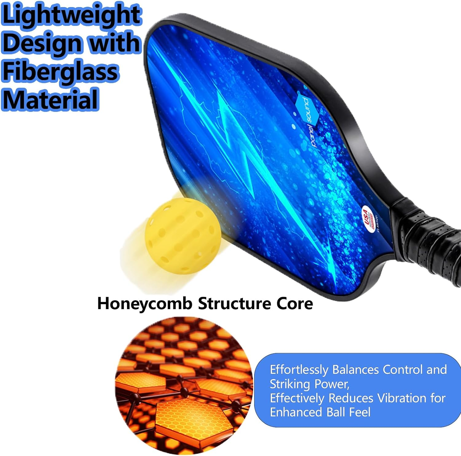 Pickleball Paddles Set, Lightweight Pickleball Rackets, Honeycomb Core Carbon Fiber Surface, Comfort Grip, 2 Pack Lightweight Racquets with 4 Pickle Balls 1 Bag image number 2