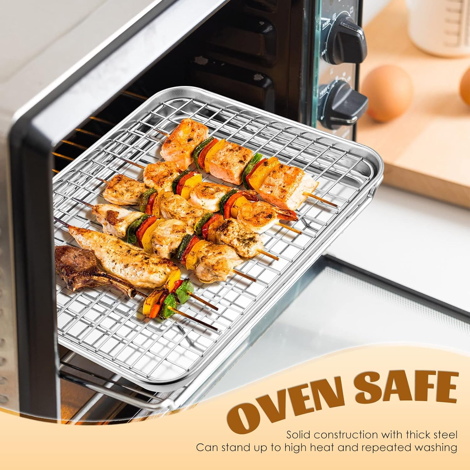 Metal Toaster Oven Tray with Rack Set, E-Far 10.5&rdquo;X8.3&rdquo; Baking Sheet Broiling Pan with Stainless Steel Wire Grate Rack for Cooking Baking Bacon Steak Cooling Cookie - Dishwasher Safe image number 6