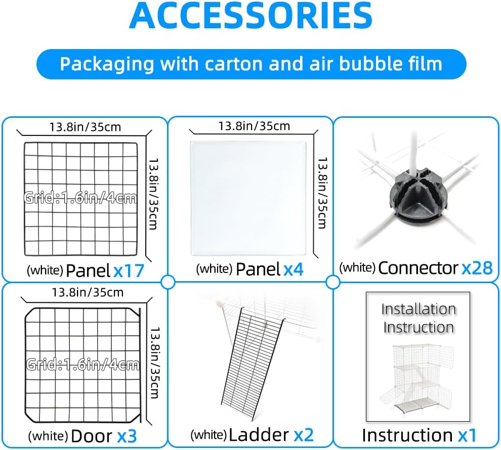 Ricjurzzty Cat Cage,Portable Metal Wire Mesh Detachable Outdoor & Indoor Kitten Enclosure with Ladders,Cat Exercise Place Crate for Kitty,Puppy,Rabbits and Small Animals (White, 3 Tier & 3 Doors)