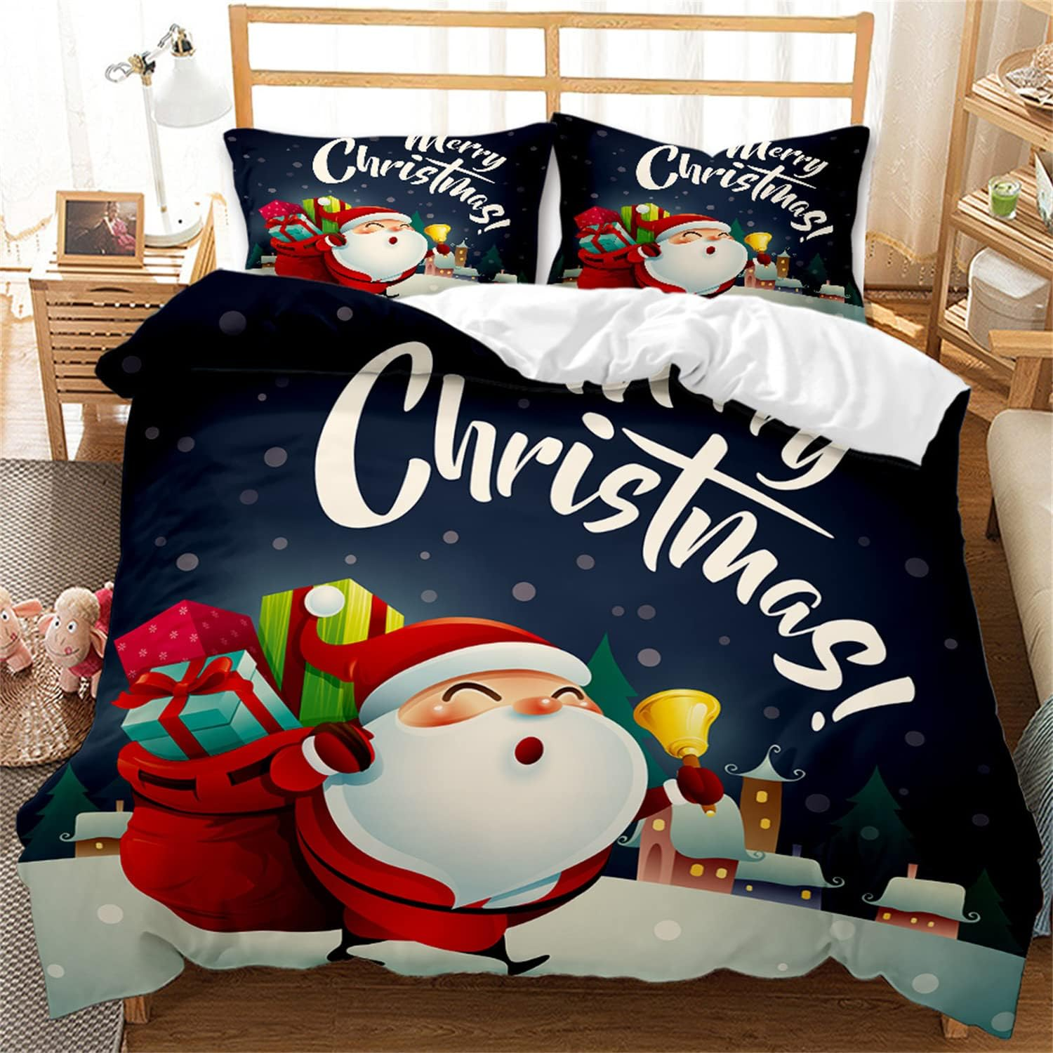 Eveone Christmas Duvet Cover Quilt Cover Single/Double/Queen/King Size Bed Sheets Pillowcase Set Festival Atmosphere New Year Eve Santa Claus Elk Cartoon Gift Bedding 3/4PCS (Queen-210*210Cm-3Pcs,3)