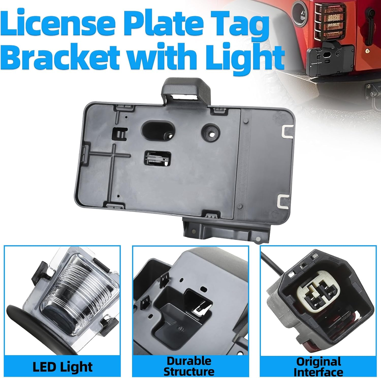 MITZONE Backup License Plate Frame Holder Bracket Assembly with Light Lamp Black Rear Compatible with 2007-2018 Jeep Wrangler JK Accessories Replacs# 68064720AA image number 2