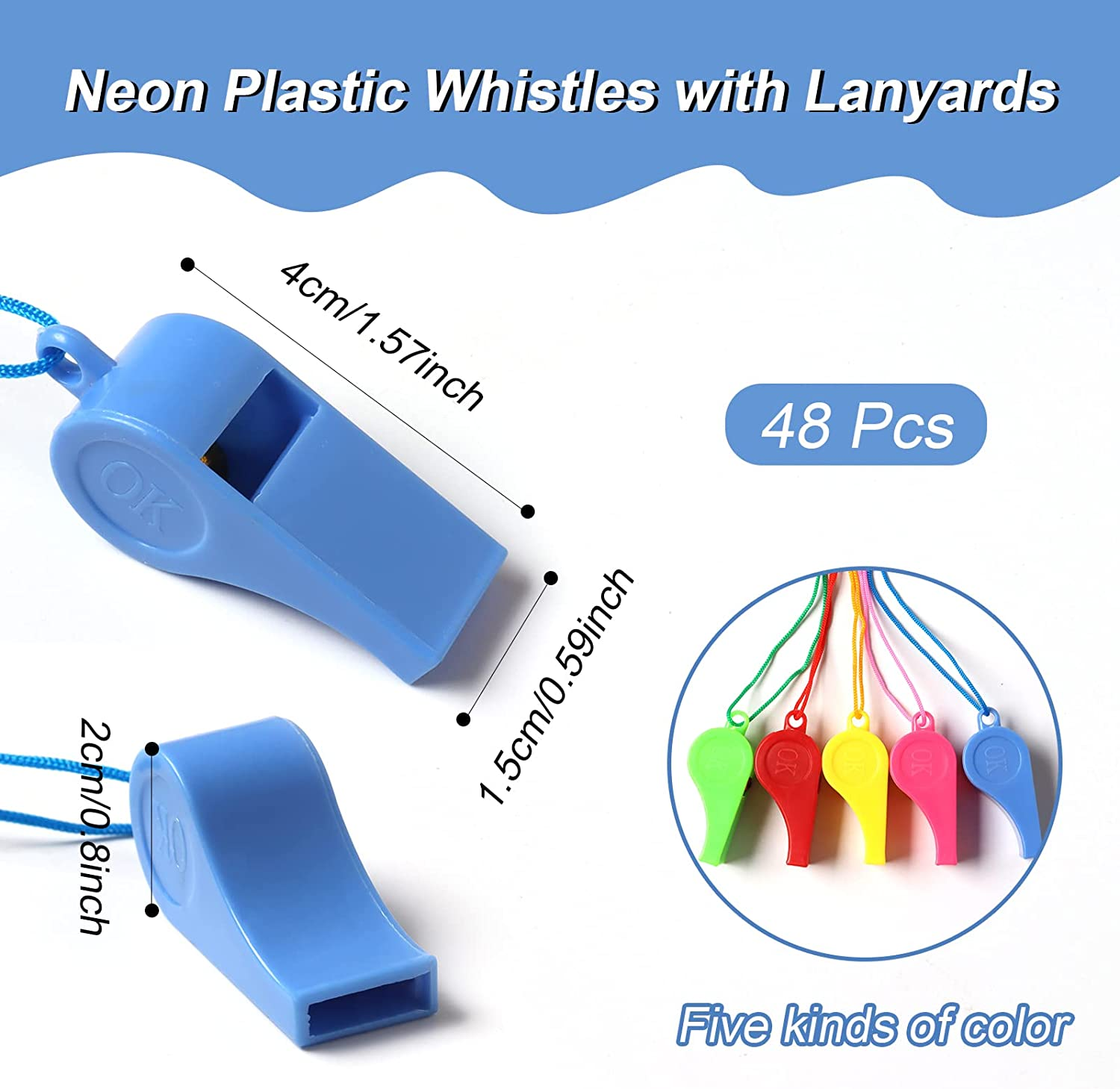 48 Pcs Neon Plastic Whistles with Lanyards Colorful Fun Noise Making Whistles for Party Sports,Party Favors,5 Colors image number 1