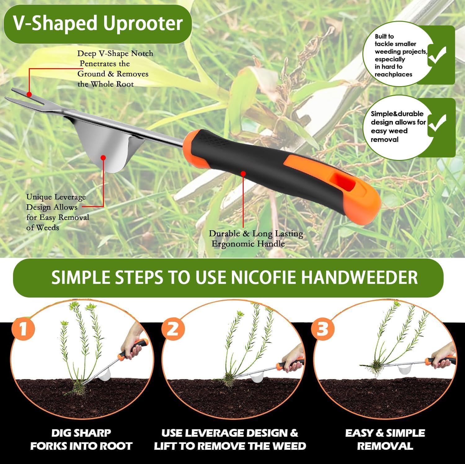 Hand Weeder Set with Garden Gloves with Claws for Yard, Lawn, Patio and Garden Care | 4-Tine Tool & Comfort Grip
