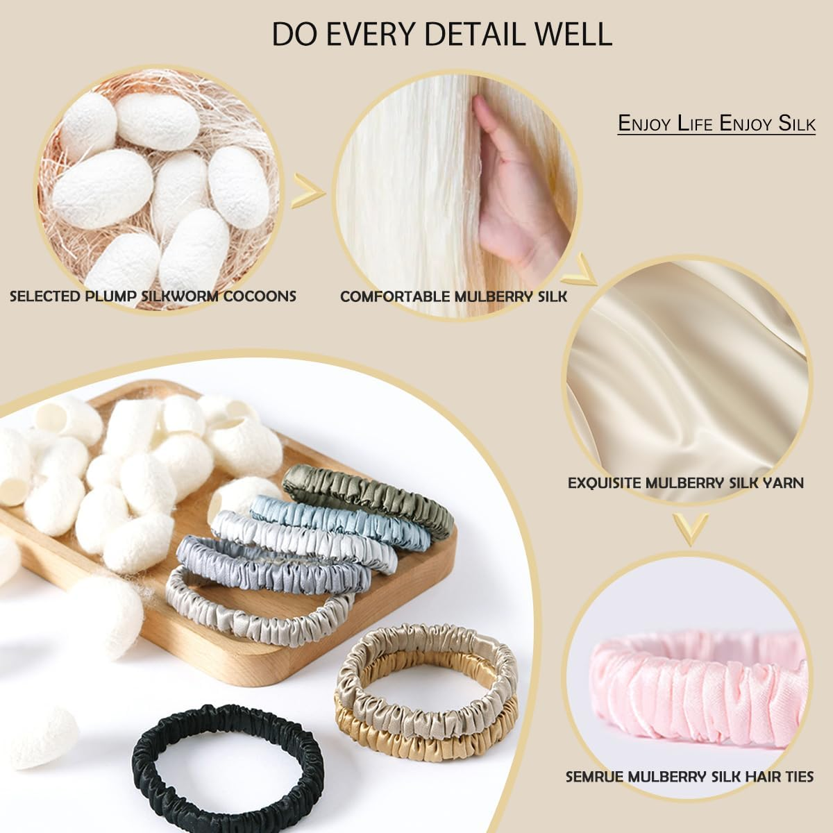 SEMRUE 22 Momme 100% Pure Mulberry Silk Scrunchies (4 PCS) - Small Hair Elastics and Ties for Women, Sleep Hair Care, No Damage, Black - 4Pcs(Black*2+Lotus Pink*2) image number 3