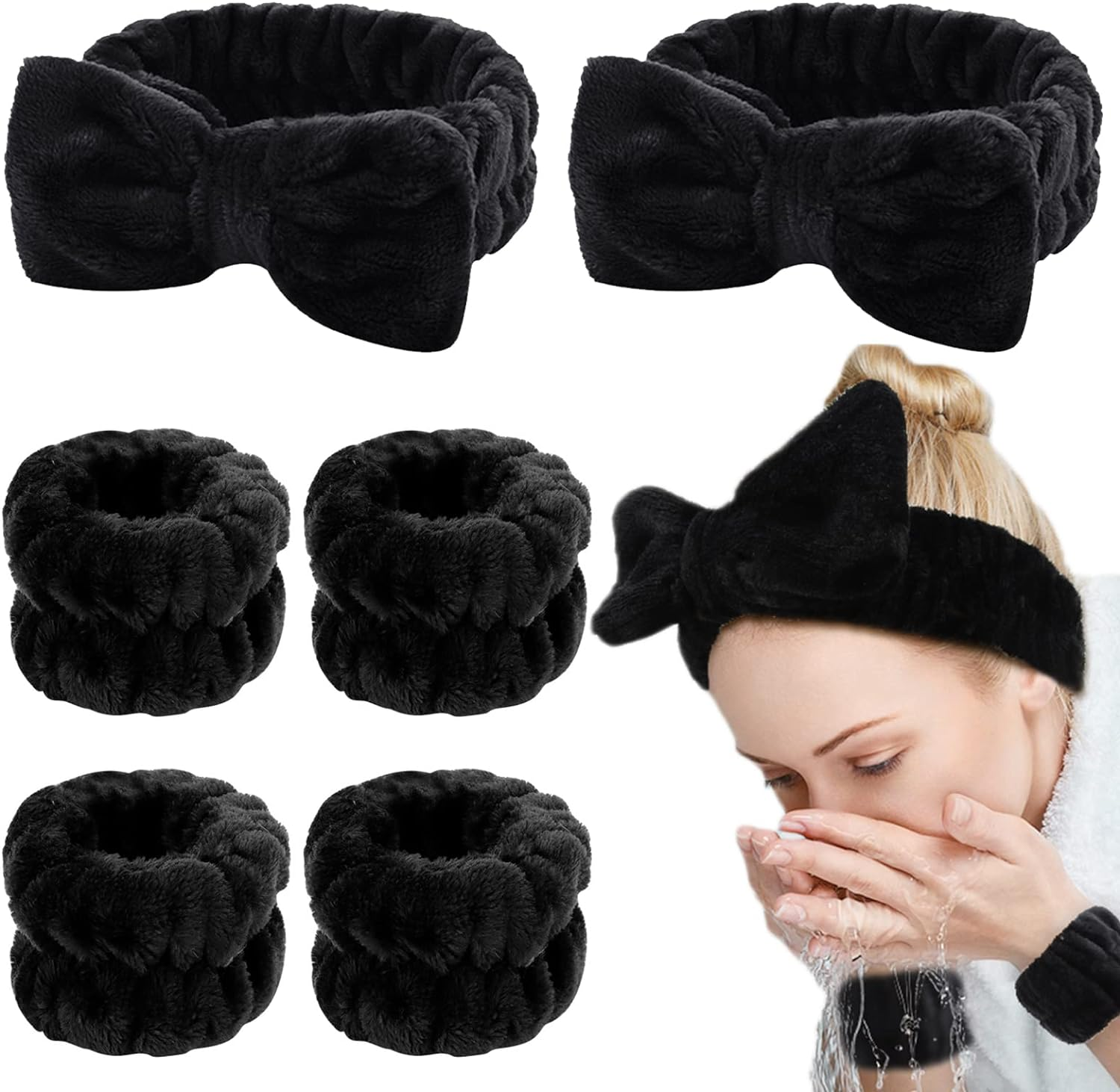 WHAVEL 6PCS Spa Headband and Wristband Set, Face Wash Headband Makeup Skincare Headband Wrist Bands for Washing Face