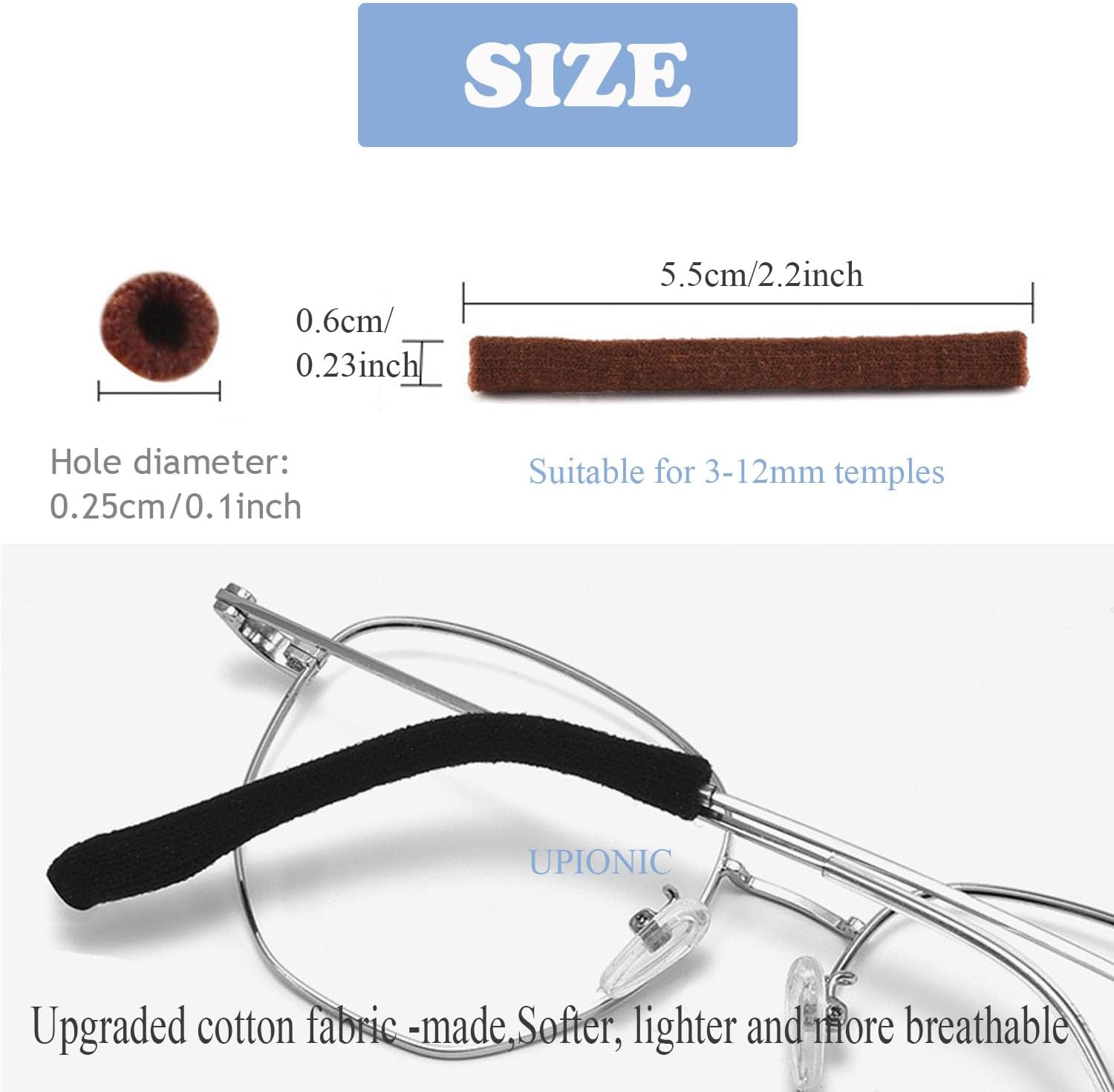 UPIONIC Anti-Slip Elastic Eyeglasses Temple Tips Sleeve,Fabric Glasses Ear Cushion,Glasses Ear Grips,Glasses Accessories,2Pcs - Black/Brown image number 2
