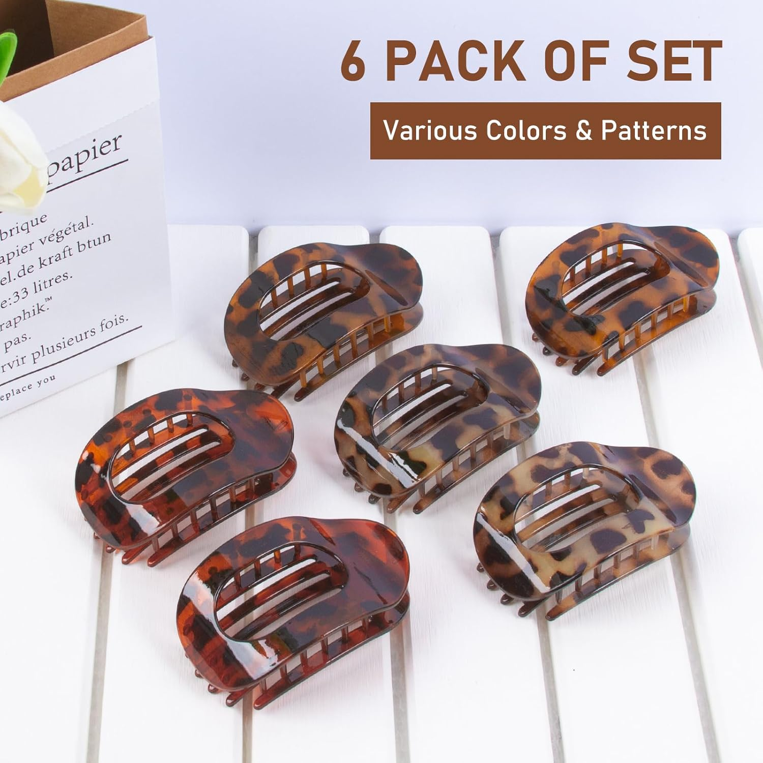 Flat Claw Clips for Women, 6 Pack Ergonomic Curved Hair Clips, Strong Hold Non-Slip Design for Thick & Thin Curly Hair, Leopard Print & Tortoise Shell Colors, Comfortable All-Day Wear for Girls image number 2