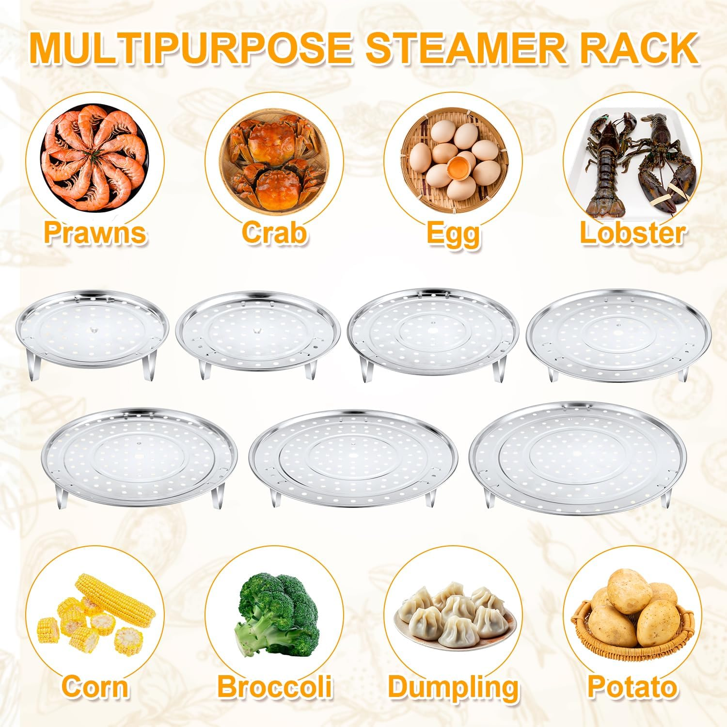 7Pcs Steamer Baskets, Stainless Steel Baking Cooling Steaming Rack round Pot Cooking Rack Stand Holder Multi-Purpose Removable Steam Tray for Air Fryer Instant Pots Cookware Food (7 Sizes, Silver) image number 2