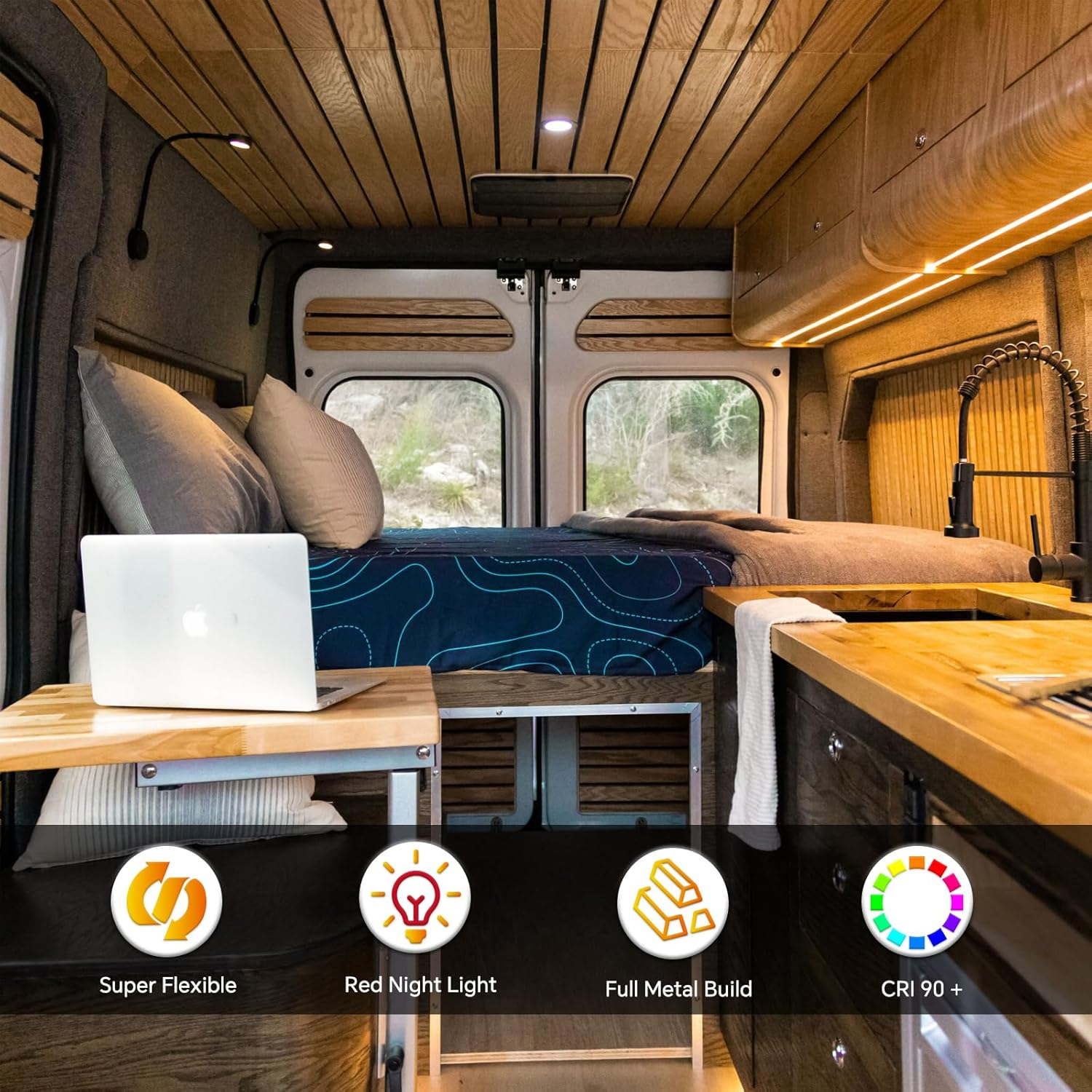 LED Wall Reading Light Motorhome Flexible Spot with USB Charger&Red Night Light Full Metal12V Bedside Reading Lamp for Caravan Camper Van Truck, Inbuilt Dimmer Switch DC12-24V Hard-Wired