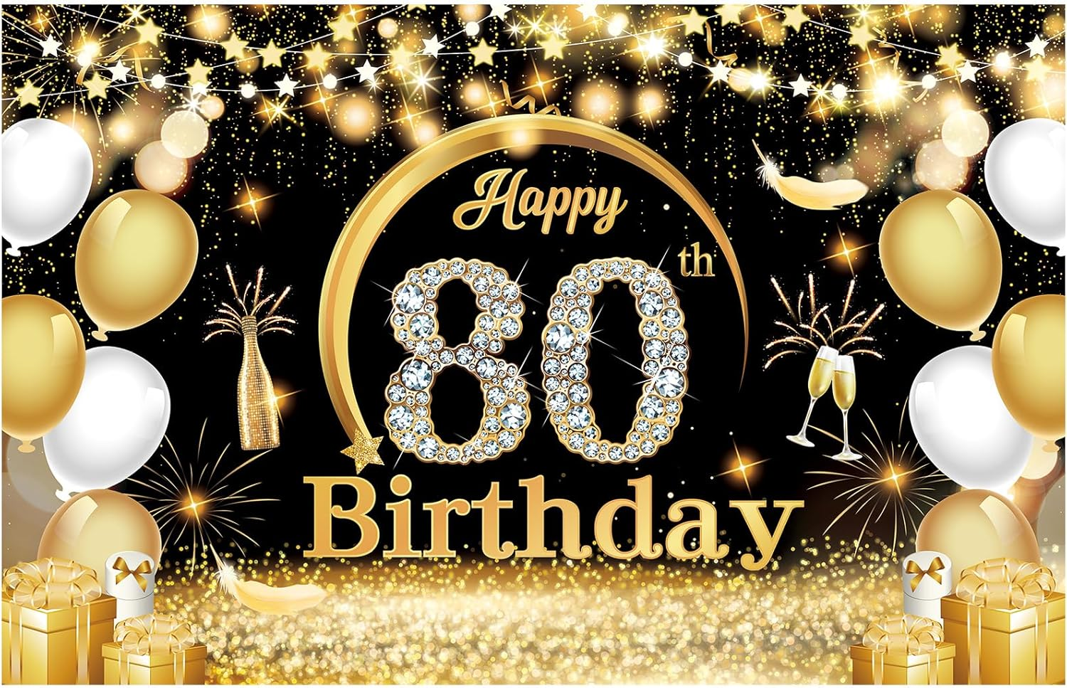 Happy Birthday Banner Backdrop Extra Large (185 X110Cm) Black Gold Theme Birthday Party Background Decorations Supplies for Boys Girls Indoor (18Th)