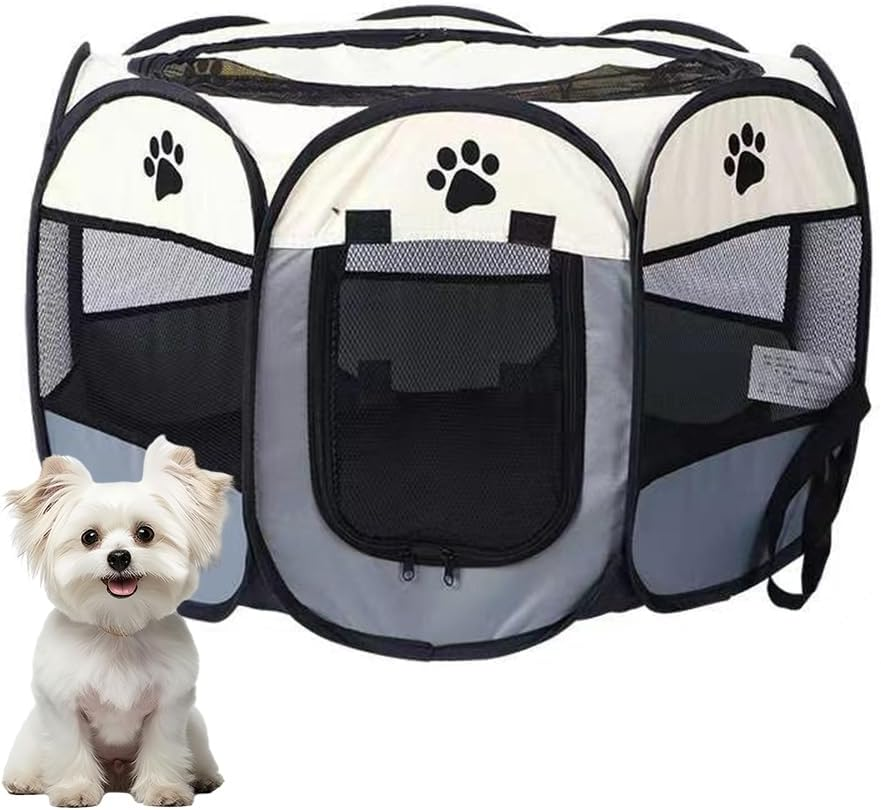 TOMVAES Dog Playpen, Oxford Fabric Dog Fence Octagon Dog Crate PVC Pipe Frame Breathable Mesh Double Openings Removable Zipper Top and Bottom,Grey image number 3