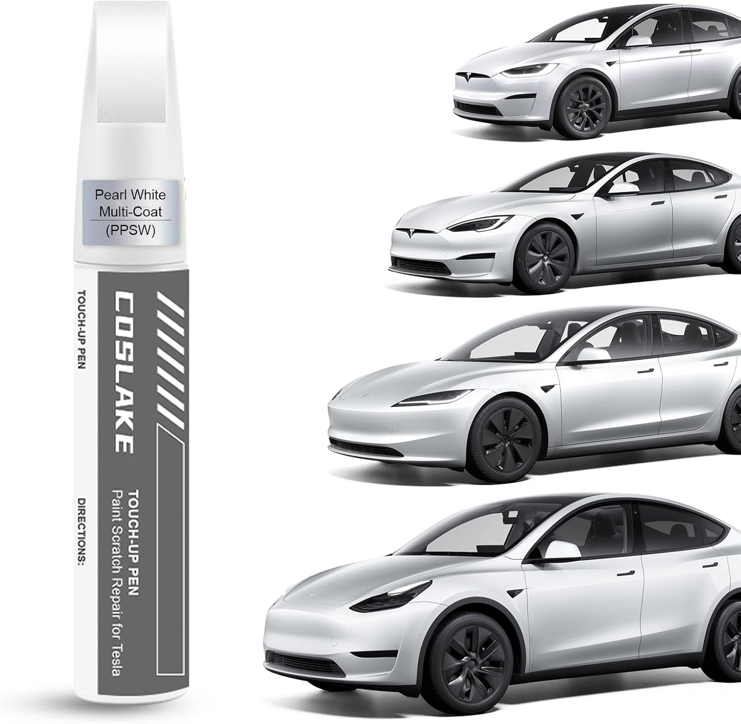 COSLAKE Car Touch up Paint(Pearl White Multi-Coat(Ppsw)) for Tesla Model Y/3/S/X, Car Paint Scratch Repair Kit with Pen Tip & Brush & 1Mm Fine Brush, Car Scratch Remover Pen with Color-Matched For