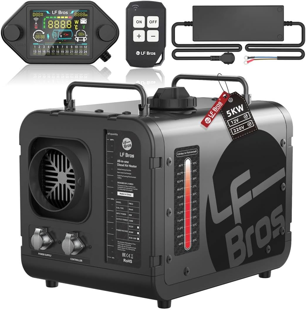 LF Bros Diesel Heater 12V & 220V, All-In-One Diesel Heater Parking Space Heater with Silent Oil Pump, LCD Display & Thermostat, Portable Heater for RV, Truck, Ice Fishing, Camping, Garage