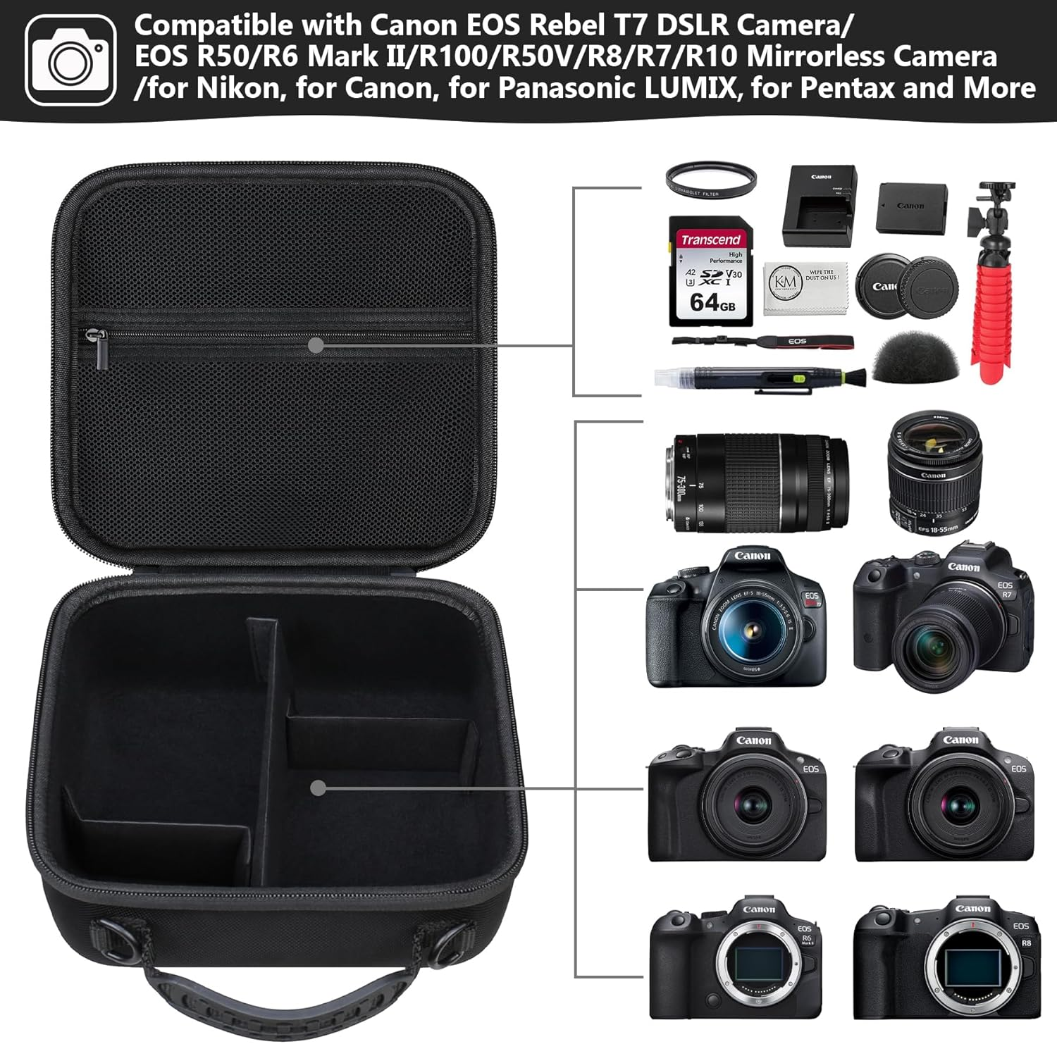 Supmay Hard Travel Case for Canon EOS Rebel T7 DSLR Camera/Eos R50 / R6 Mark II/ R100 / R50V / R8 / R7 / R10 Mirrorless Camera, Lens, Tripod with 3 Pieces of Dividers and Shoulder Strap, Black image number 5