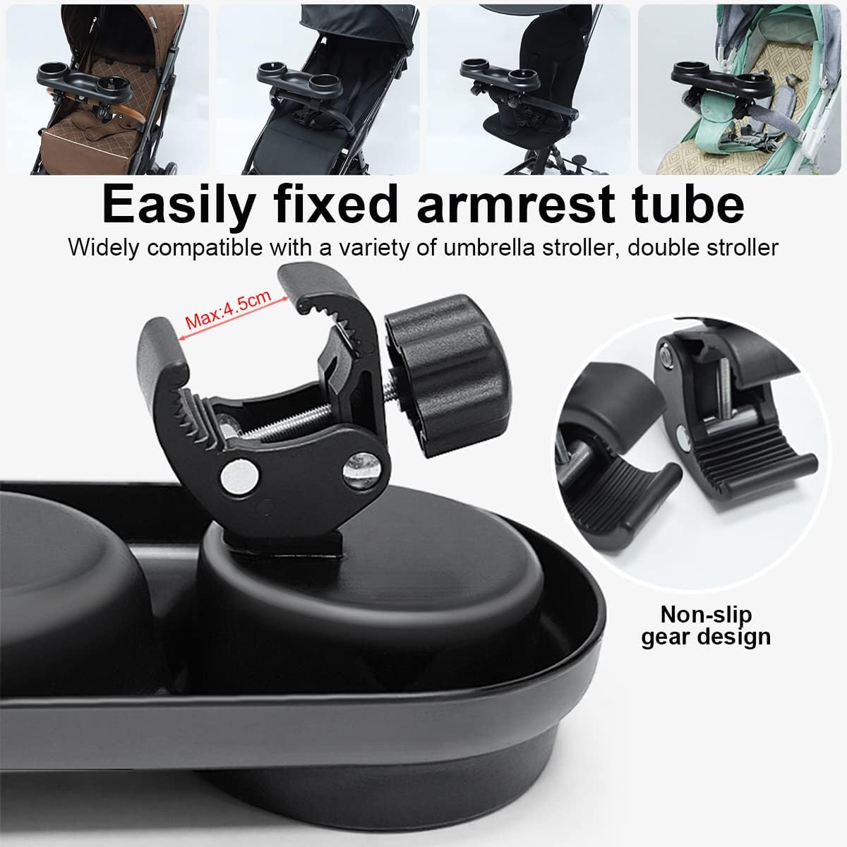 Universal Stroller Snack Tray with Cup Holder, Upgraded Removable Non-Slip Grip Clip for Bar, Large Capacity image number 2