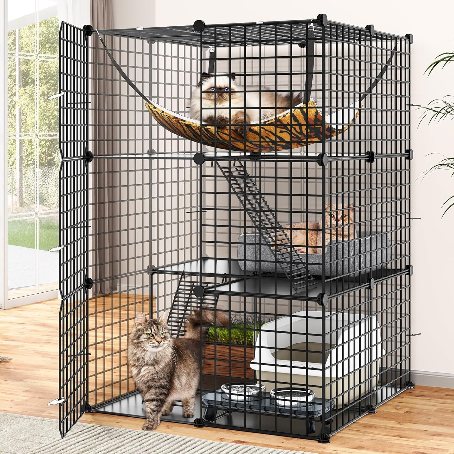 Advwin 3-Tier Cat Cage, Indoor Cat Enclosures DIY Cat Playpen Metal Kennel with Extra Large Hammock for 1-2 Cats, Ferret, Chinchilla, Rabbit, Small Animals image number 5