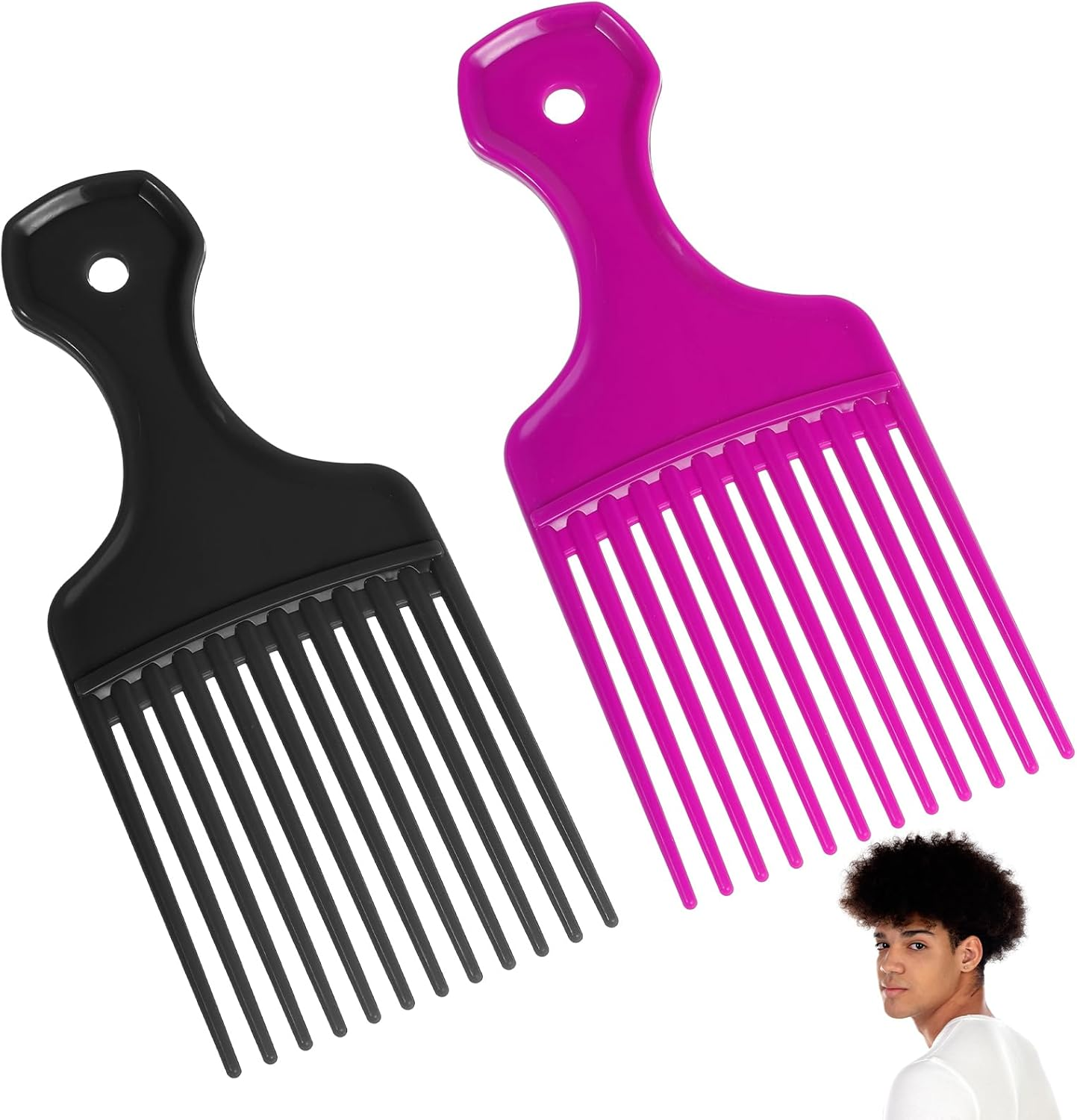 Hair Picks for Women, 2 Pcs Wide Tooth Afro Pick Plastic Pick Comb Hairdressing Styling Tool for Women and Men Curly Hair Detangling (Black, Purple) image number 2