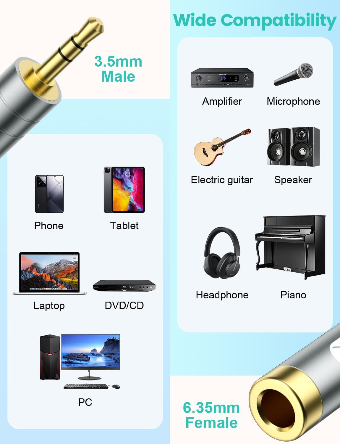 EMK 1/4'' to 3.5 Mm Stereo Pure Copper Headphone Adapter, 3.5 Mm(1/8'') Plug Male to 6.35 Mm (1/4'') Jack Female Stereo Adapter for Headphone, Amp Adapter, Black 2-Pack image number 2