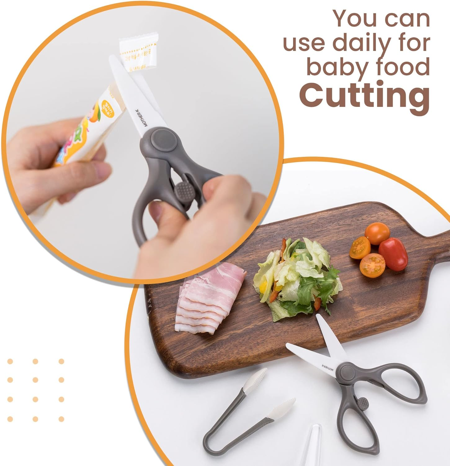 MOTHER-K Portable Ceramic Scissors with Tongs Set, Ceramic Scissors for Baby Food with Protective Blade Cover and Portable Case, Safety Lock (Grey)