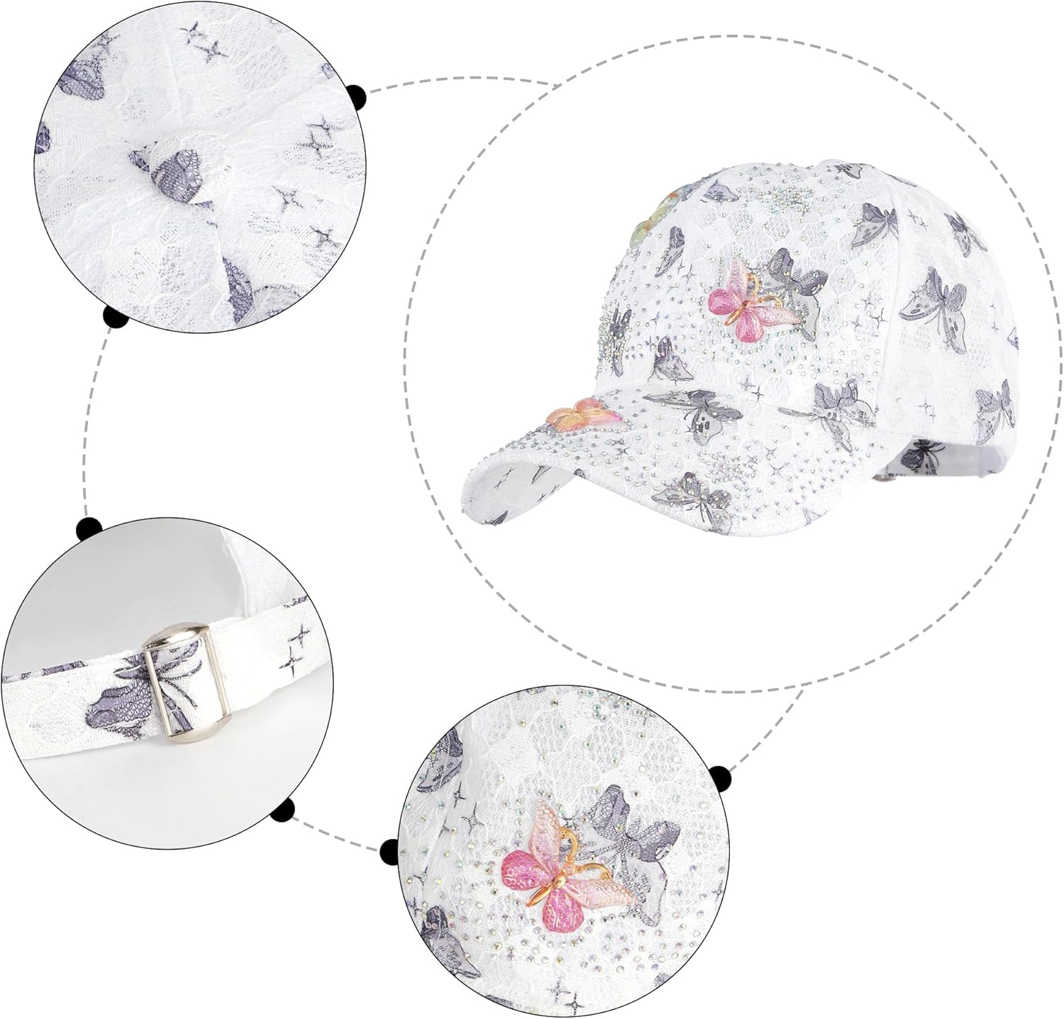 Meliyya Mesh Baseball Cap Rhinestone Butterfly Baseball Cap Summer Sequins Shield Cap Men Women One Size Adjustable - A08228-White image number 4