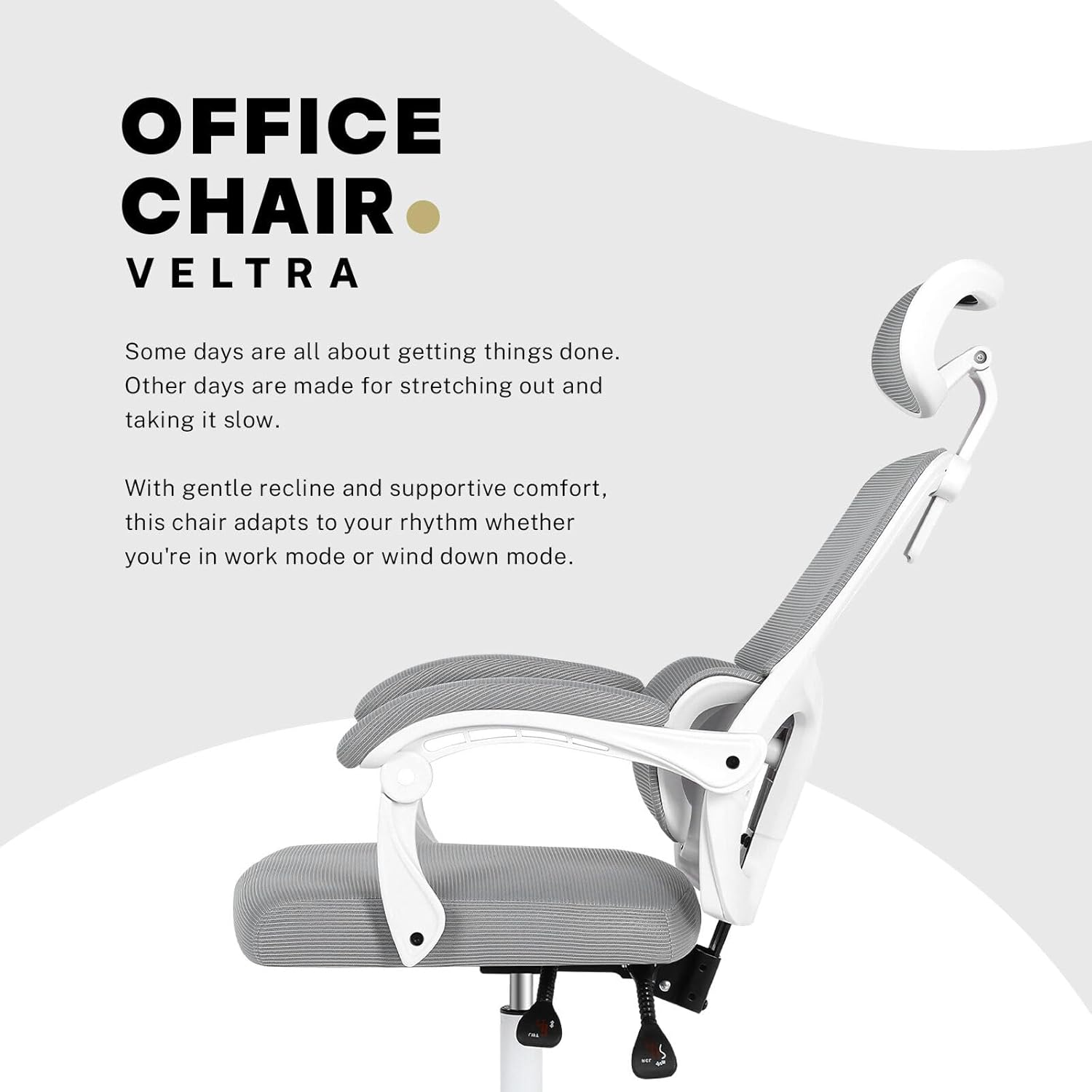 La Bella VELTRA Office Chair - Grey Ergonomic Mesh Desk Chair with Lumbar Support, Padded Armrests, Adjustable Headrest & Recline Function - Grey image number 6
