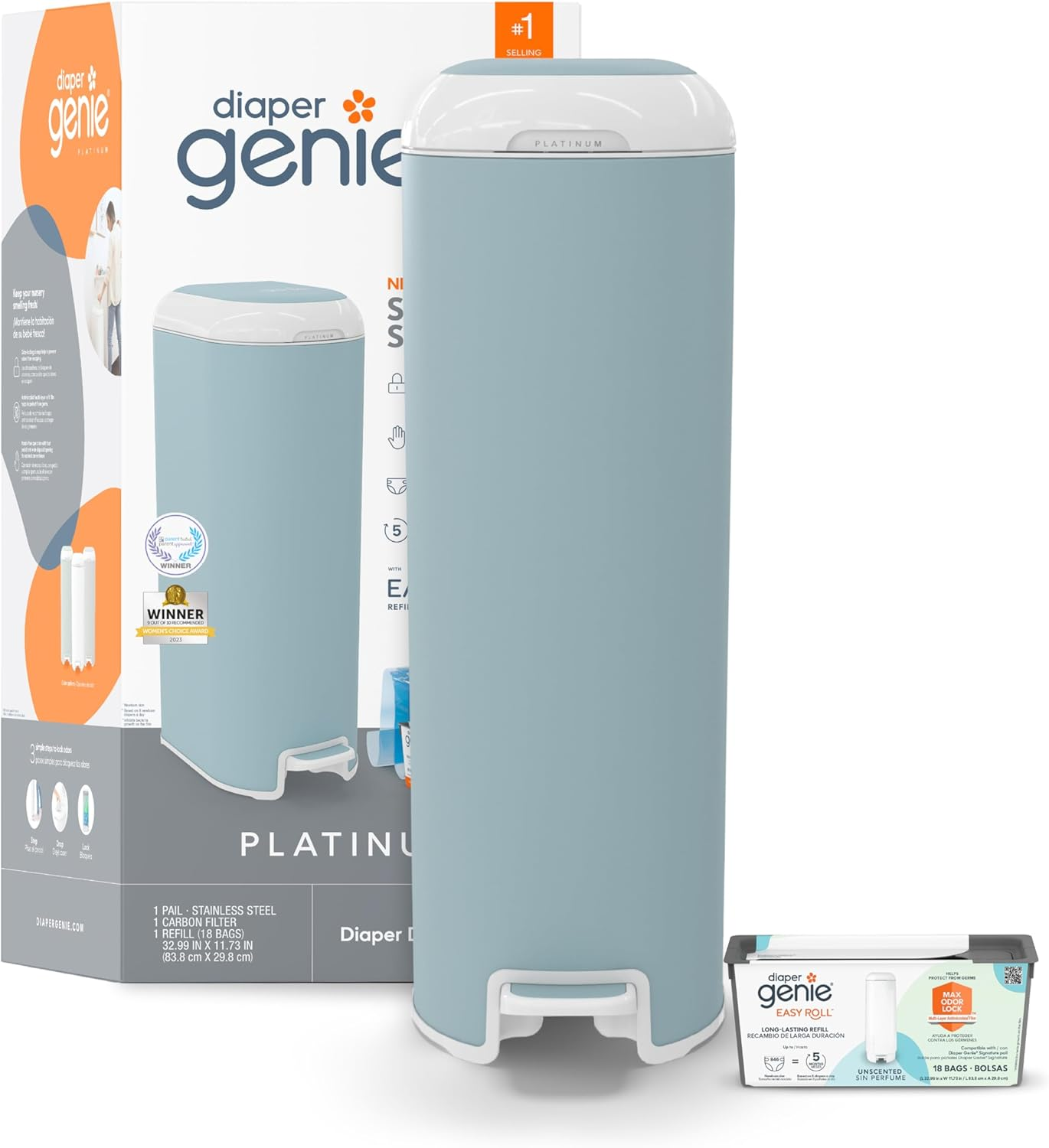 Diaper Genie Platinum Pail (Glacial Blue) Is Made in Durable Stainless Steel and Includes 1 Easy Roll Refill with 18 Bags That Can Last up to 5 Months.