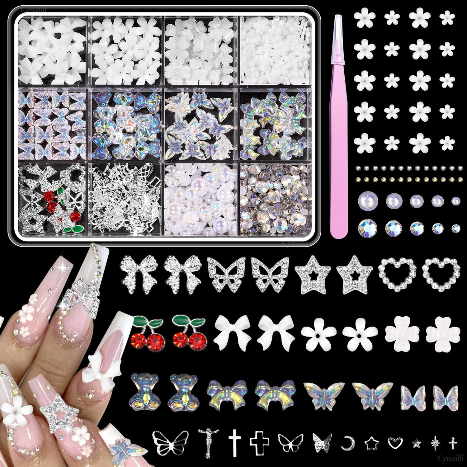 3D Nail Charms and Gems, White Flower Nail Pearls, Polar Clear Butterfly Bear Bows Nails Art Charm, Silver Cherry Star Heart Studs Jewelry Charms for Nails Art Design
