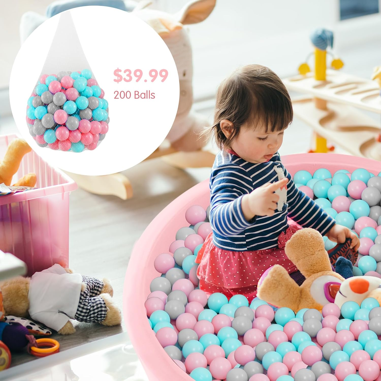 INFANS Foam Ball Pit for Toddlers with 200 Balls, 90X30Cm Large round Ball Pool Playpen with Soft Memory Sponge Pad, BPA Free Kids Babies Indoor Outdoor (Pink) image number 6