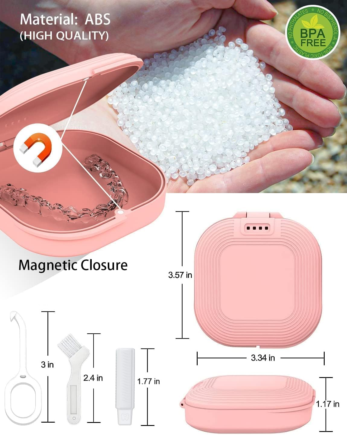 Retainer Case with Mirror & Adjustable Vent Holes &ndash; Slim Aligner Case Compatible with Invisalign & Night Mouth Guards, Includes Remover Tool Chewies and Brush- Cute & Portable Holder （Pink） image number 6