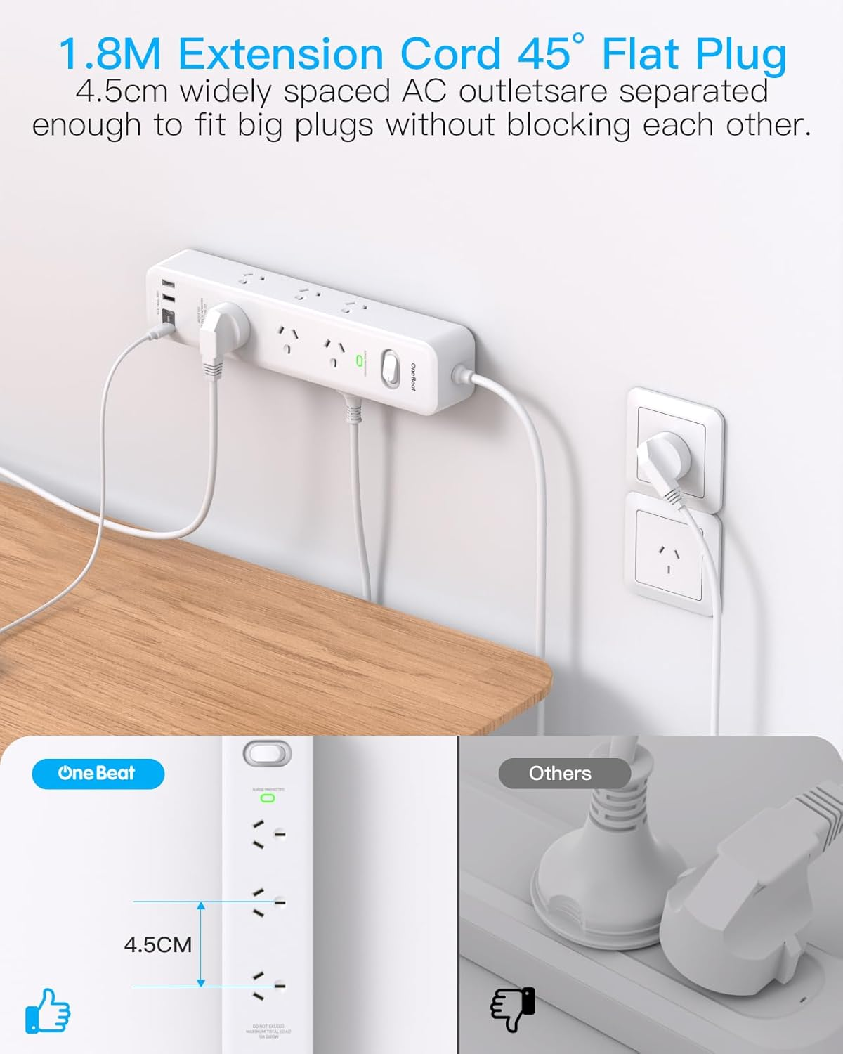 One Beat Surge Protected Power Board with 9 AC Outlets & 4 USB Ports (2&times;USB-C), USB Power Board with 1.8M Extension Cord, 900J Surge Protector,Wall Mount for Office, Dorm, Home Essentials image number 3