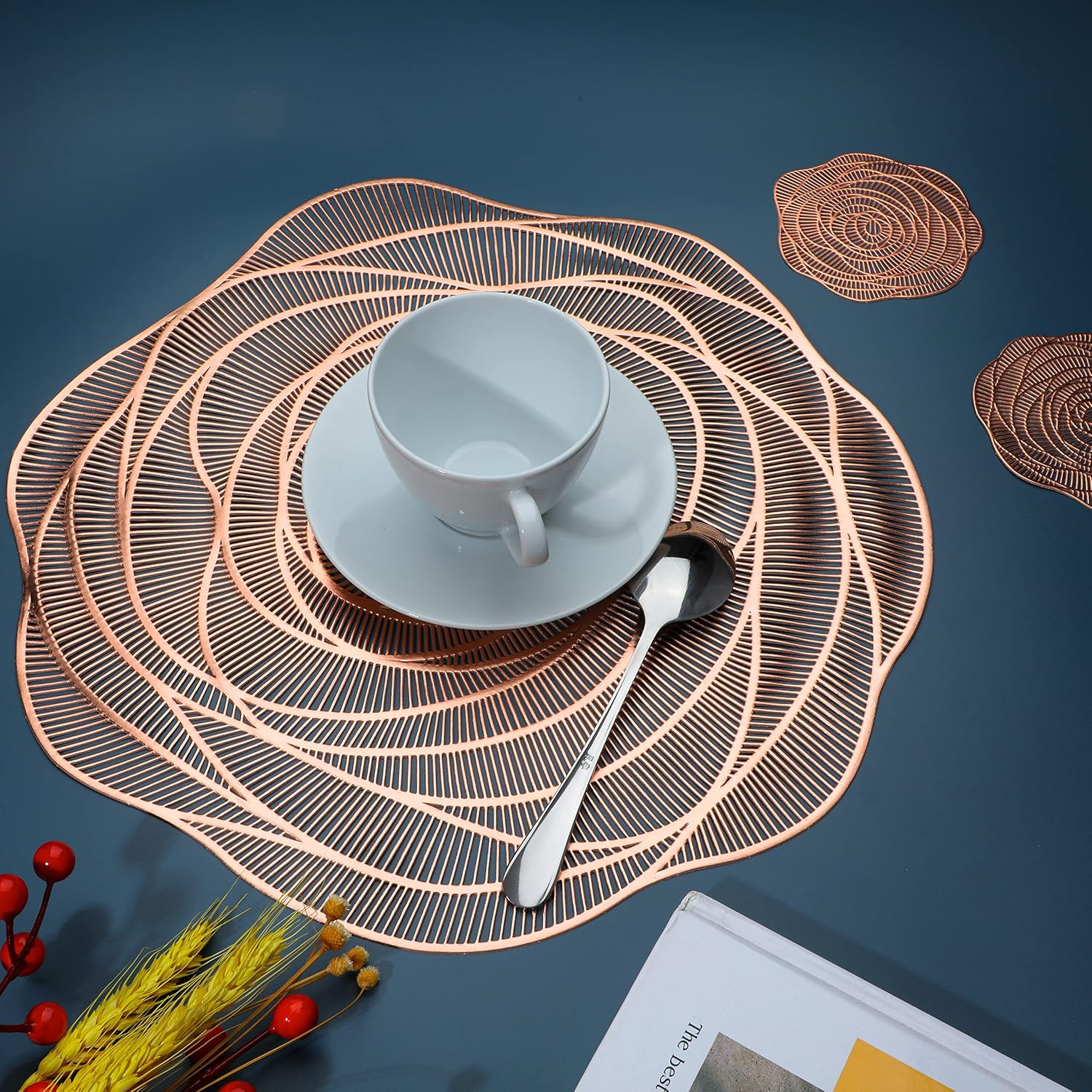 Snowkingdom Rose Gold Placemats and Coasters Set of 6 Pressed Metallic Vinyl round Place Mats Dining Table Mats Dinning Table Centerpiece image number 2