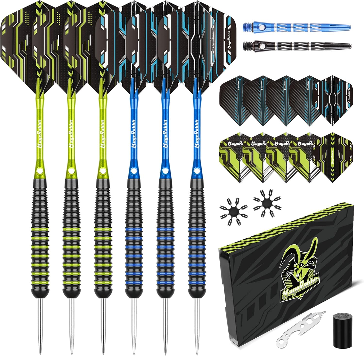 Magerabbit Darts Steel Tip Set- Metal Tip Darts 20G 6 Pcs Metal Darts for Dartboard,16Pcs Dart Flights and 8Pcs Dart Shaft and Darts Tools