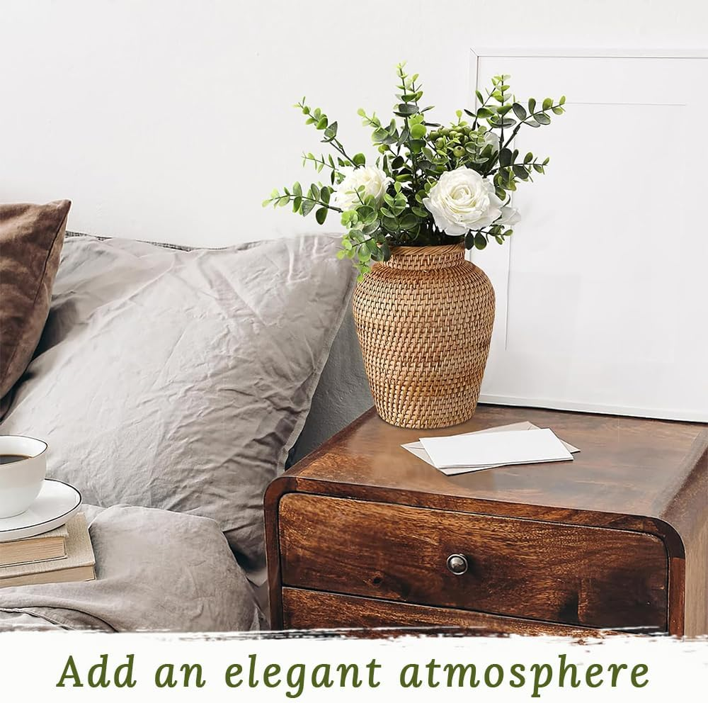 Desktop Hand-Woven Rattan Vase, Chinese Retro Plant Plastic Wicker Vase, Suitable for Home Decoration, Living Room, Office, Hotel, Craft Decoration