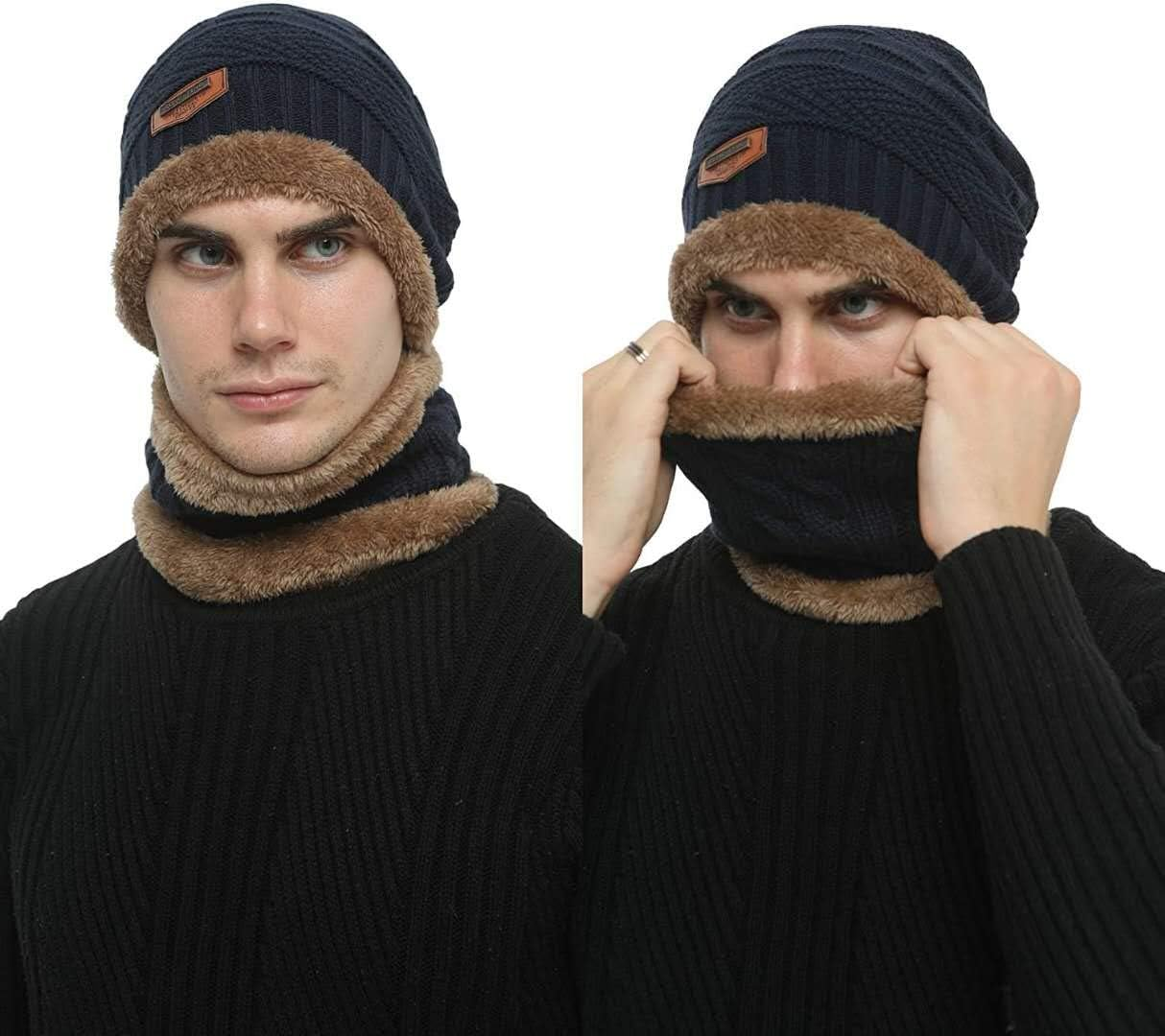 Aufondof 3 Pack Winter Knit Beanie Scarf Gloves Set for Men Thick Warm Sets Knitted Scarf Beanie Hat Touchscreen Gloves Neck Warmer with Fleece Lining image number 3