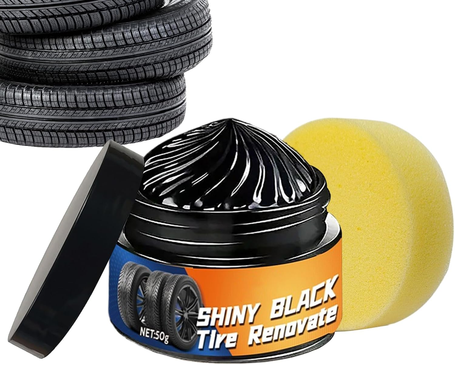 JIEBWCHA Car Tire Shine - Tyre Dressing Rim Care Wax | 50G Sponge Included Automotive Maintenance Restorer for Caravan Truck Garage Commuting Road Trip Minivan image number 1