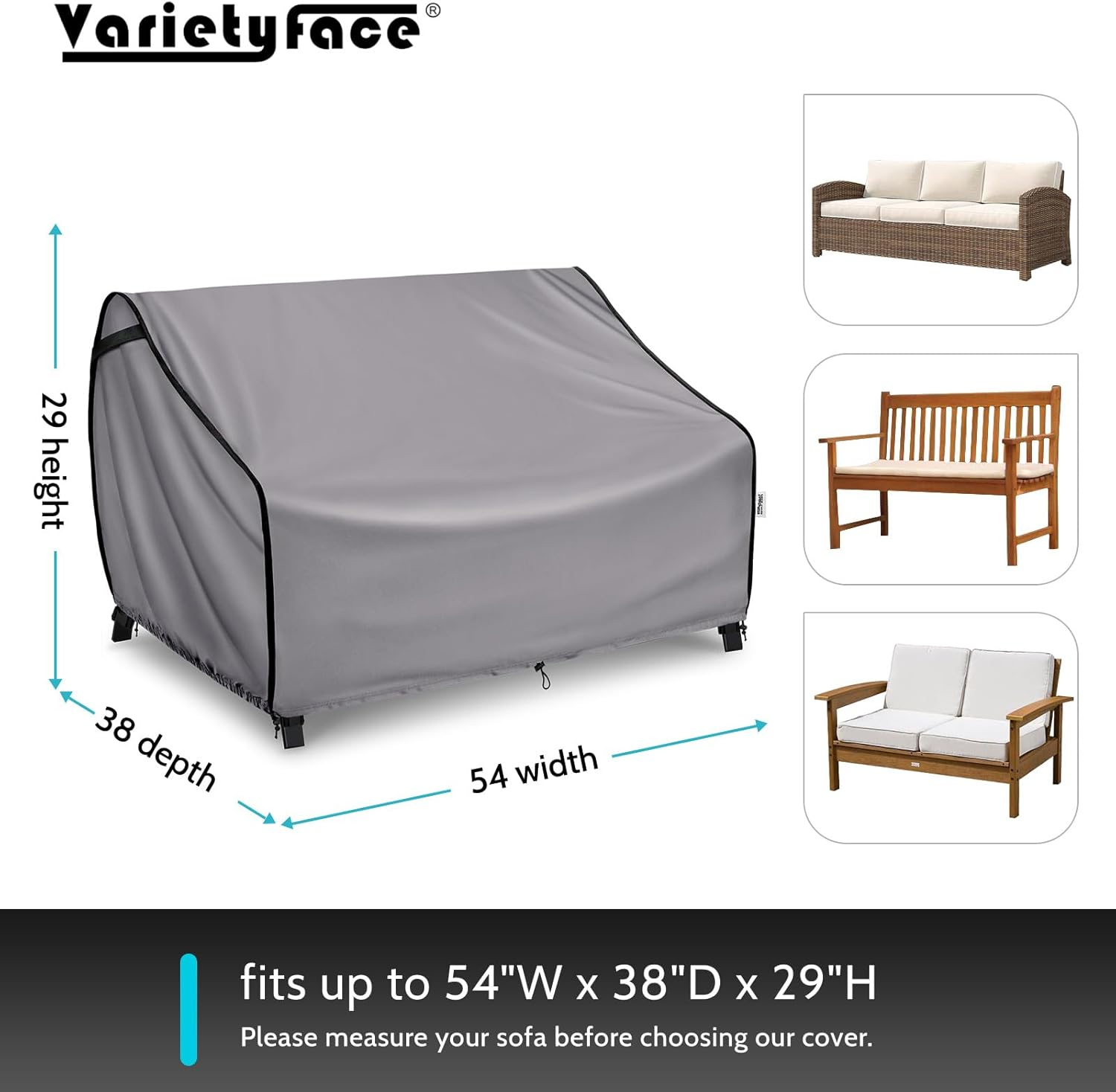 Outdoor Furniture Covers for Sofa Waterproof, Fits up to 54W X 38D X 29H Inches, Patio Loveseat Cover Tear Resistant, Grey image number 4