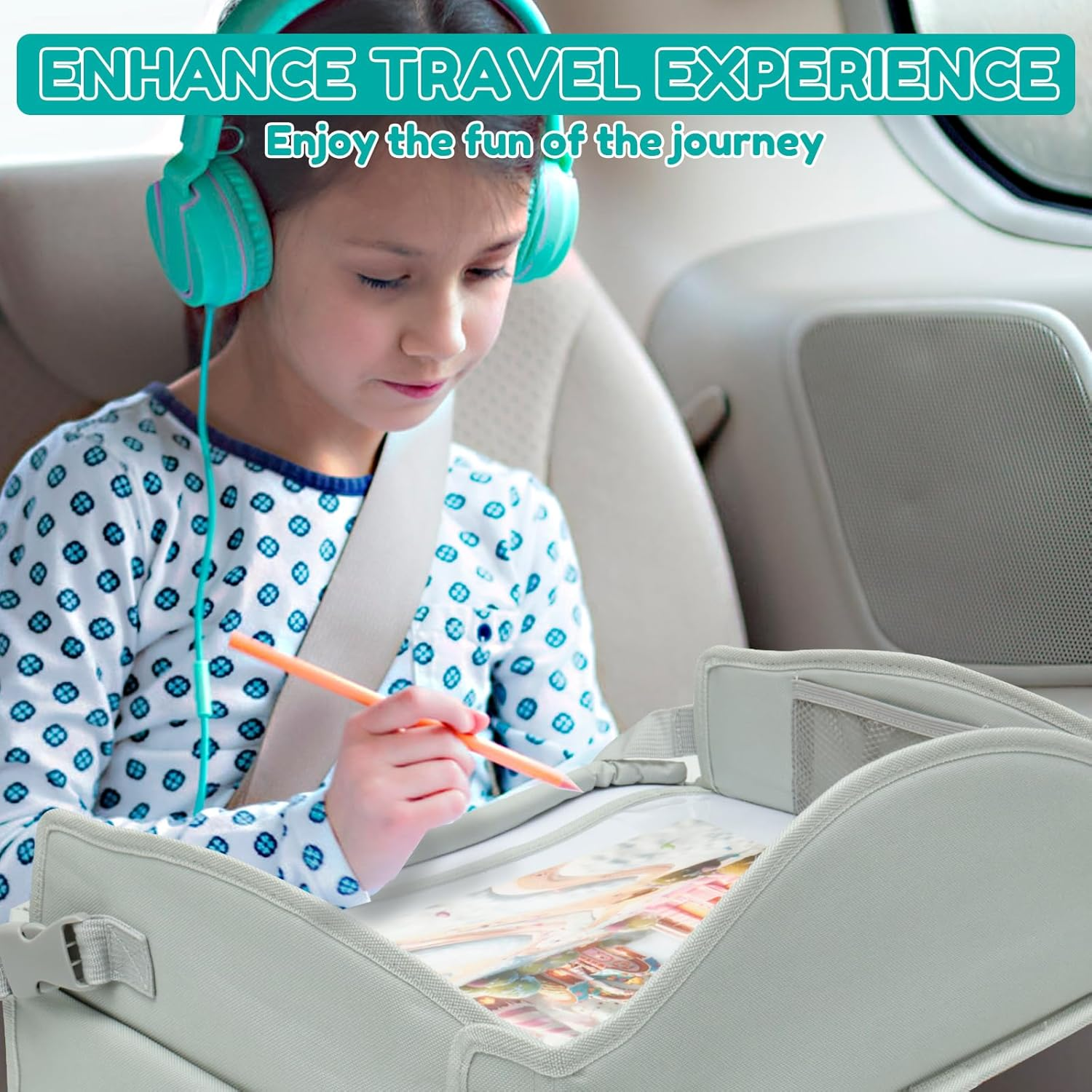 Kids Travelling Polyester Car Seat Drawing Tray with Adjustable Padded Shoulder Strap, Rounded Corners, Curved Edges, Suitable for Children image number 5