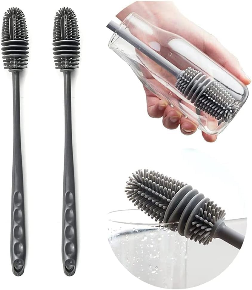 Silicone Bottle Cleaning Brush - 2 Pcs, Reinforced Long Handle, Ideal for Water Bottles