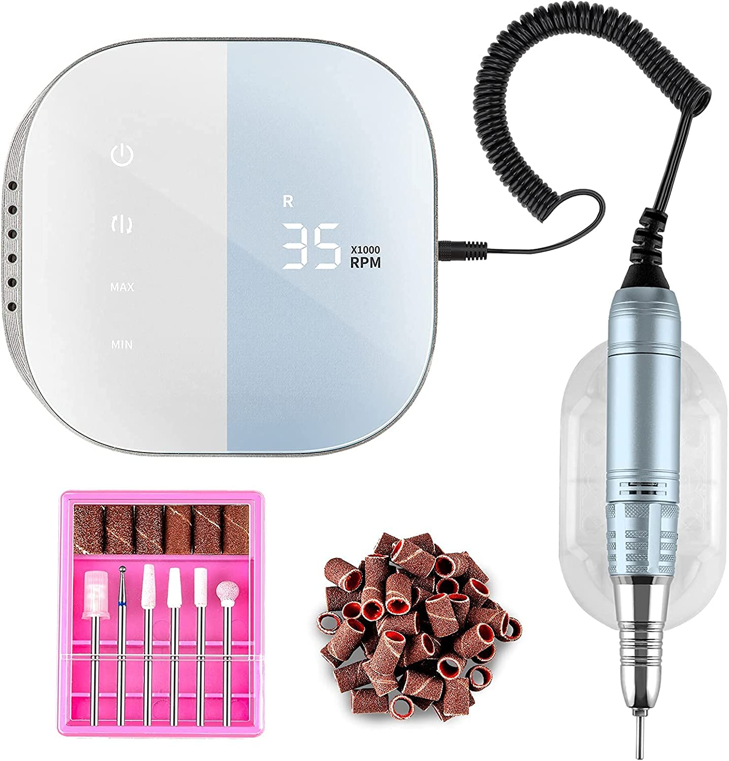 Professional Nail Drill Machine, Madenia Electric Nail File for Acrylic Gel Nails, with Touch-Sensitive Control and LCD Screen, 35000RPM (JMD-108 Gray)