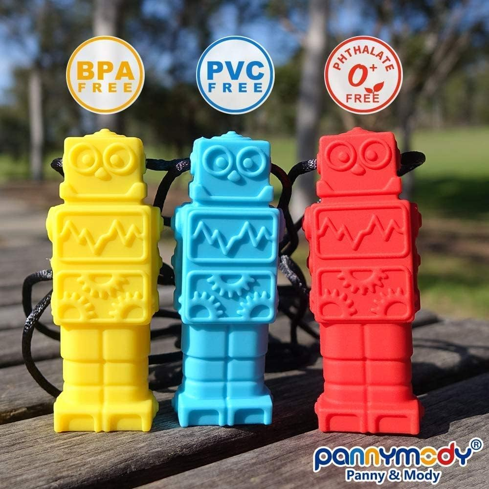 Sensory Chew Necklace for Boys and Girls(3 Pack), BPA Free Silicone Chewable Robot Pendant Necklaces for Kids with Autism ADHD - Oral Motor Chewing Toys - Blue, Red, Yellow image number 6
