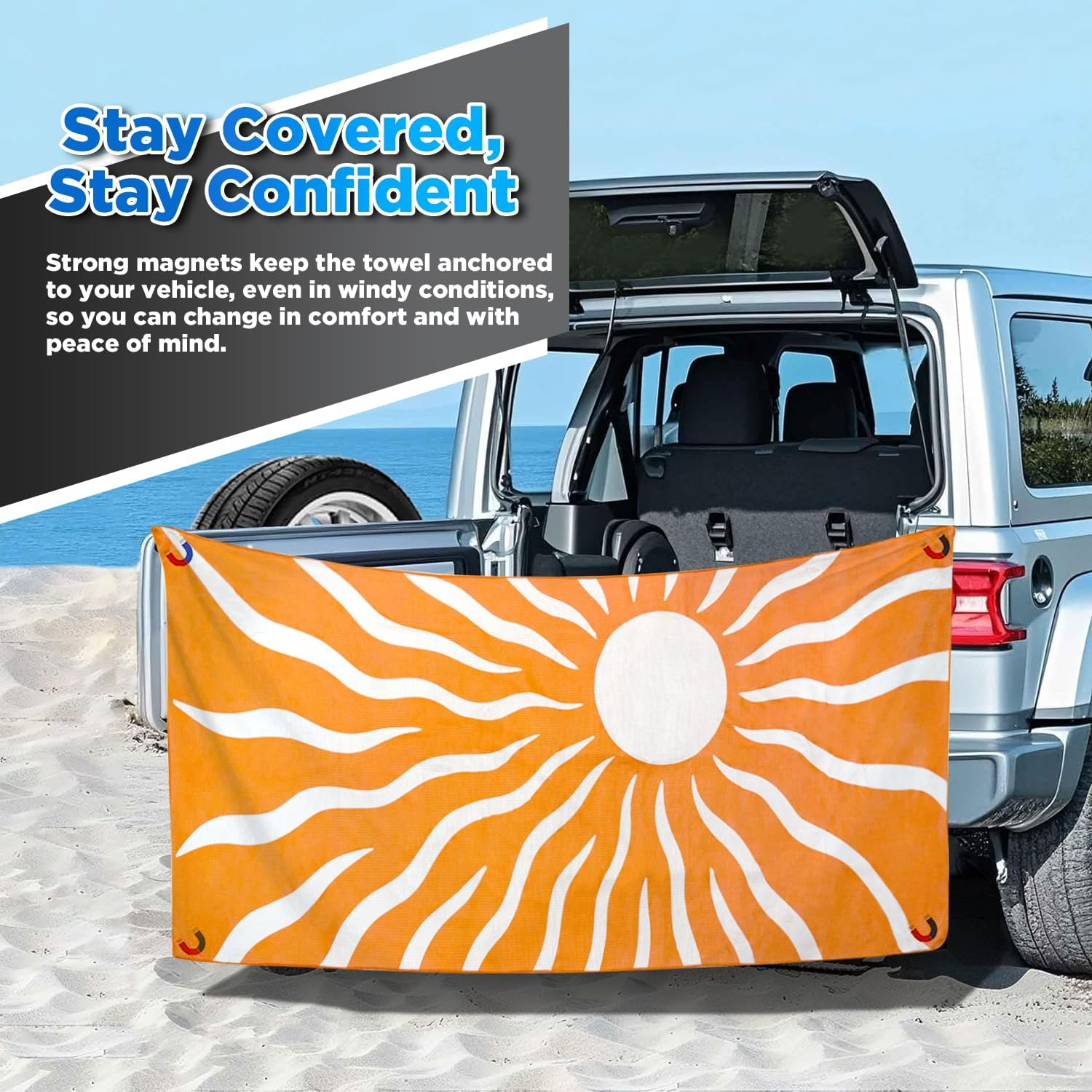 Outdoor Magnetic Bath Towel &ndash; Quick Dry Sandproof Microfibre Beach Towel with Magnetic Closure &ndash; Lightweight, Compact & Sand Free &ndash; Fast Drying Swim, Pool, Travel, Camping & Sports Towel (Blue) - Orange image number 4