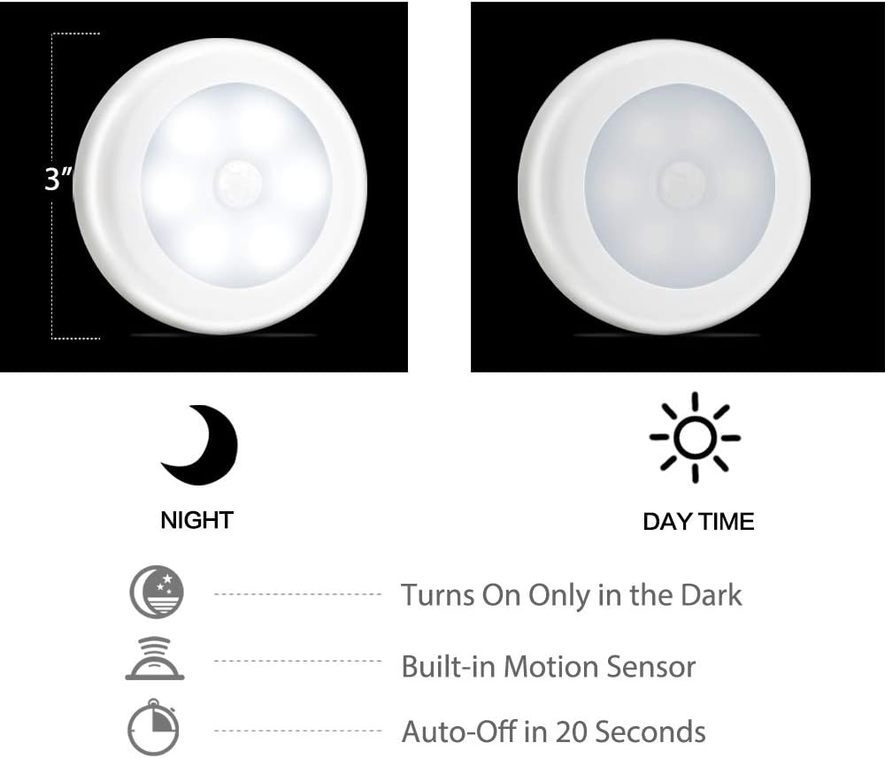 Novelty Place [Super Bright] LED Motion Sensor Lights - Cordless Battery Powered Built-In Magnets Optional Sticky Pads - Motion Sensing Bathroom Hallway Closet Nightlight - Pack of 3 image number 6