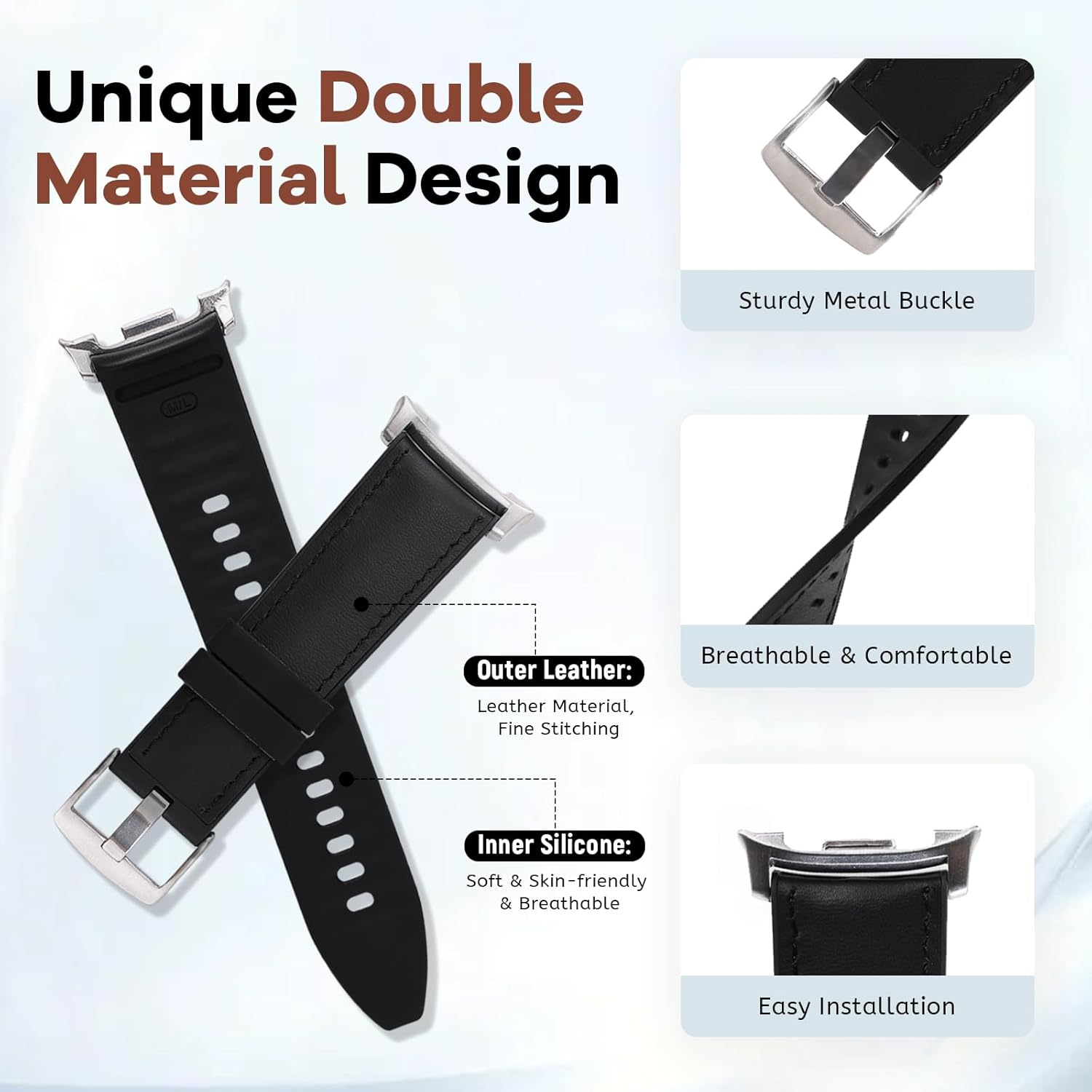 HAYONLIY Leather Band Compatible with Samsung Galaxy Watch 8 40Mm 44Mm/Galaxy Watch 8 Classic 46Mm, Genuine Leather Outer & Silicone Inner Sport Adjustable Replacement Strap for Men Women - Black image number 5