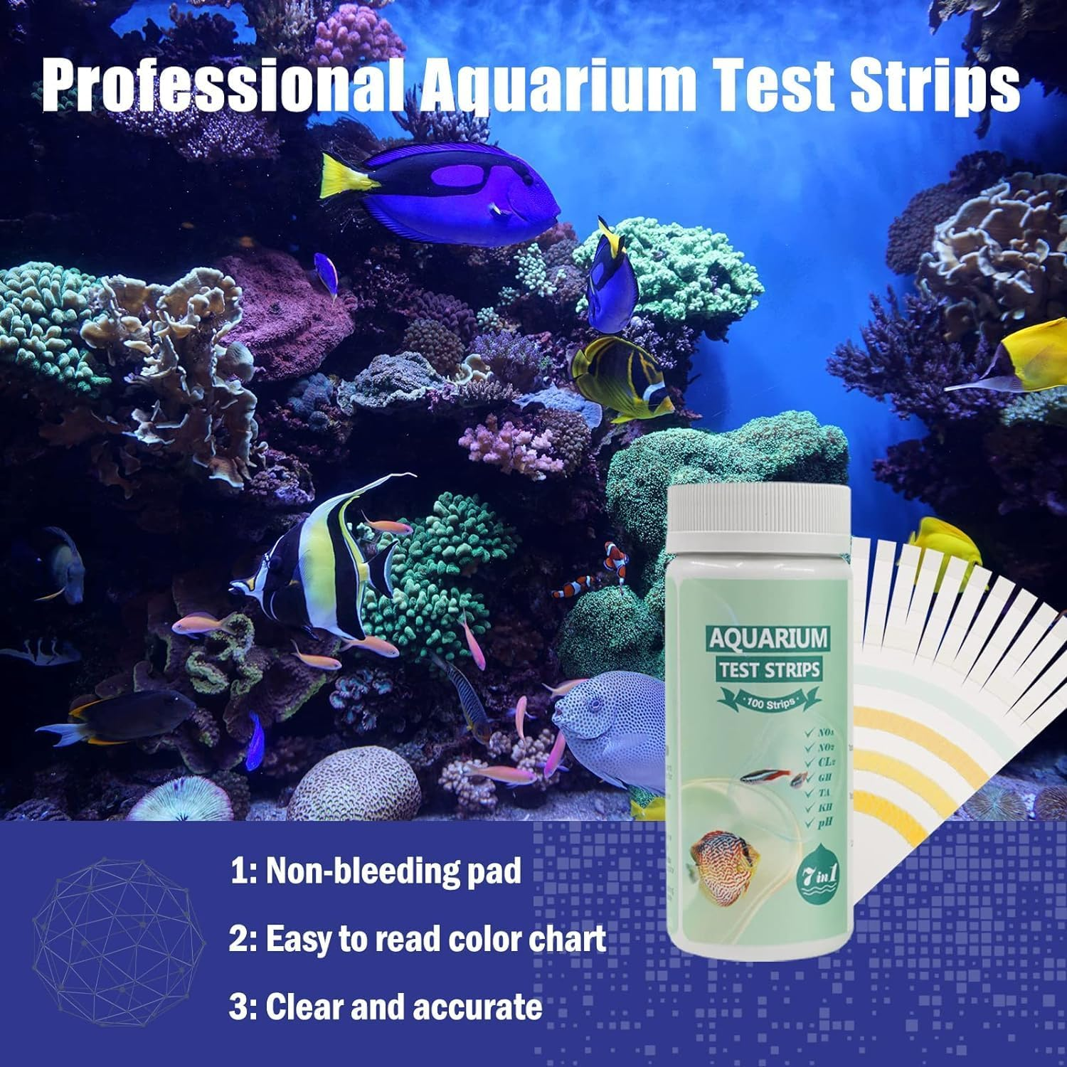 7 in 1 Aquarium Test Strips,100 Strips Fish Tank Test Kit for Testing Ph Nitrite Nitrate Chlorine General & Carbonate Hardness, Accurate Saltwater and Freshwater Aquarium Water Testing image number 1