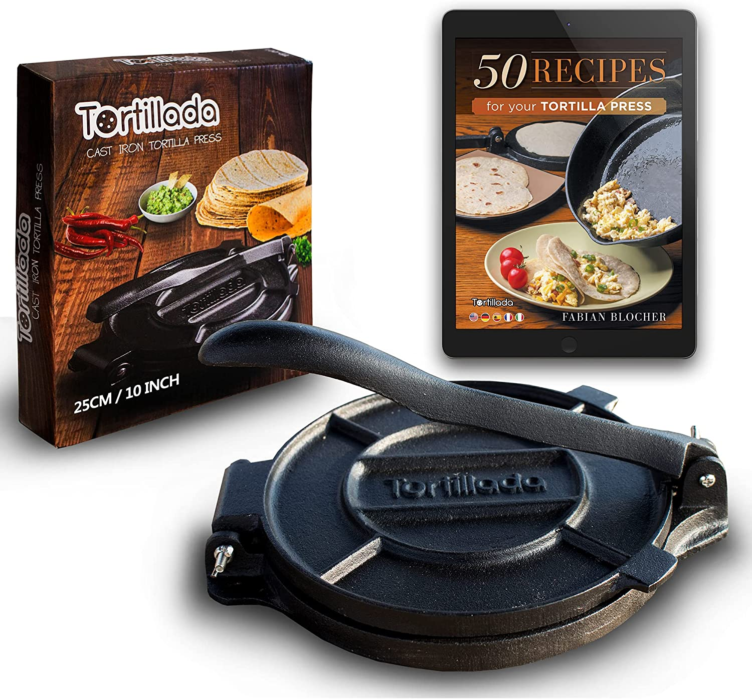 Tortillada &ndash; Tortilla Press, Quesadilla/Roti Maker (25 Cm) Cast Iron with Recipes E-Book 50 Tortilla Recipes image number 3
